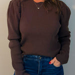 Chocolate Scallop Edge Puff Sleeve Knit Top - Jessi Jayne Boutique