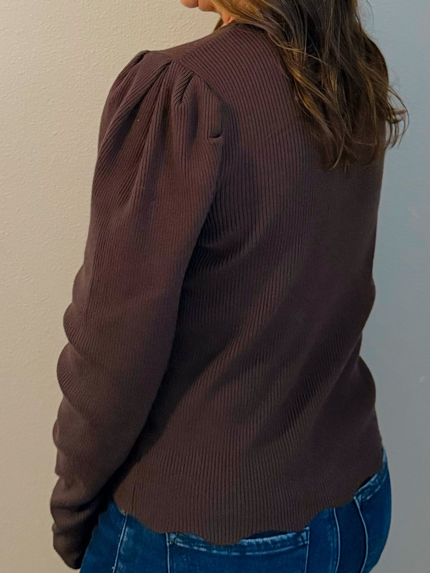 Chocolate Scallop Edge Puff Sleeve Knit Top - Jessi Jayne Boutique