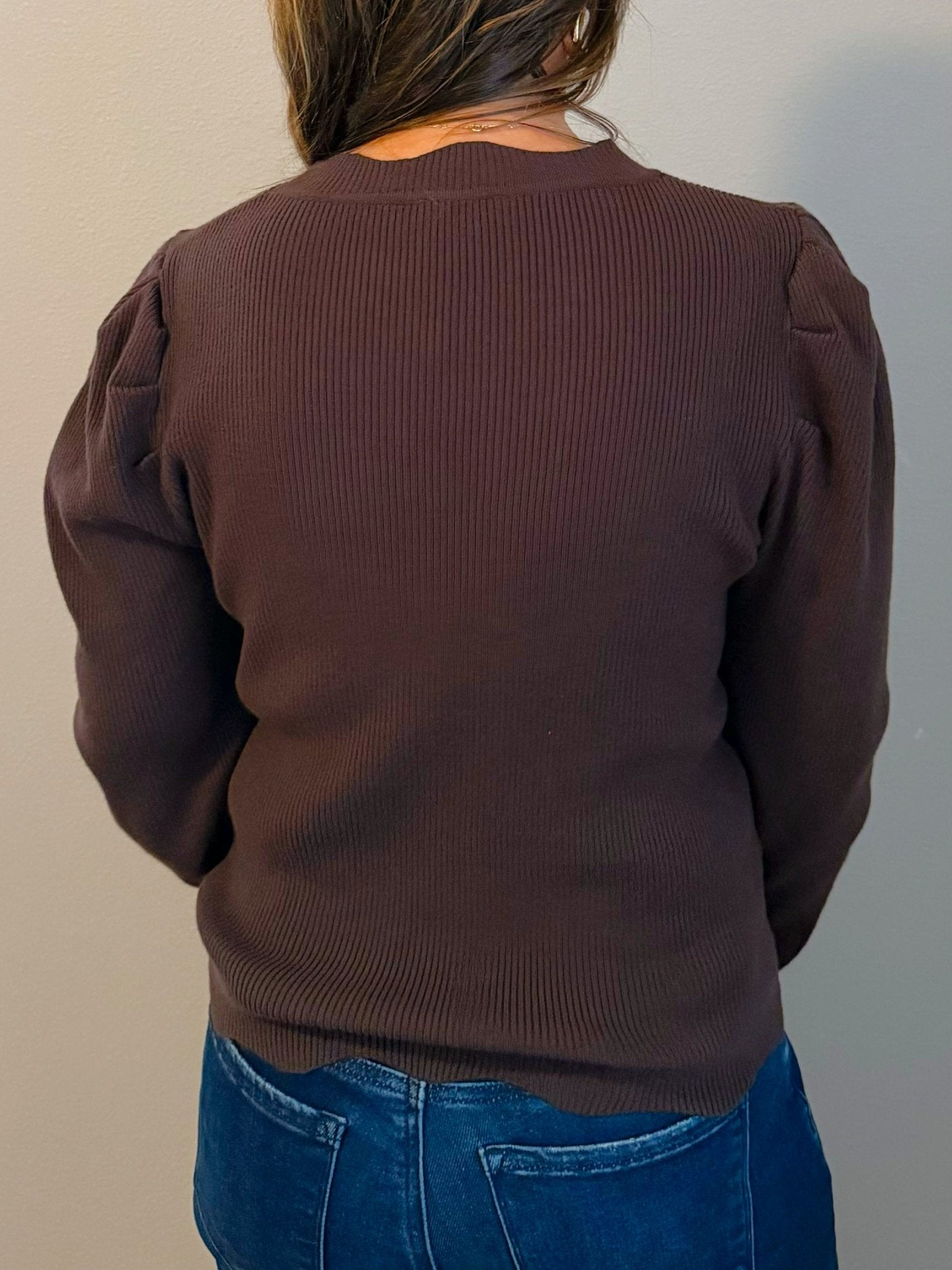 Chocolate Scallop Edge Puff Sleeve Knit Top - Jessi Jayne Boutique