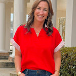 Red Power Play Collared Knit Top - Jessi Jayne Boutique
