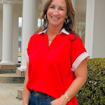 Red Power Play Collared Knit Top - Jessi Jayne Boutique