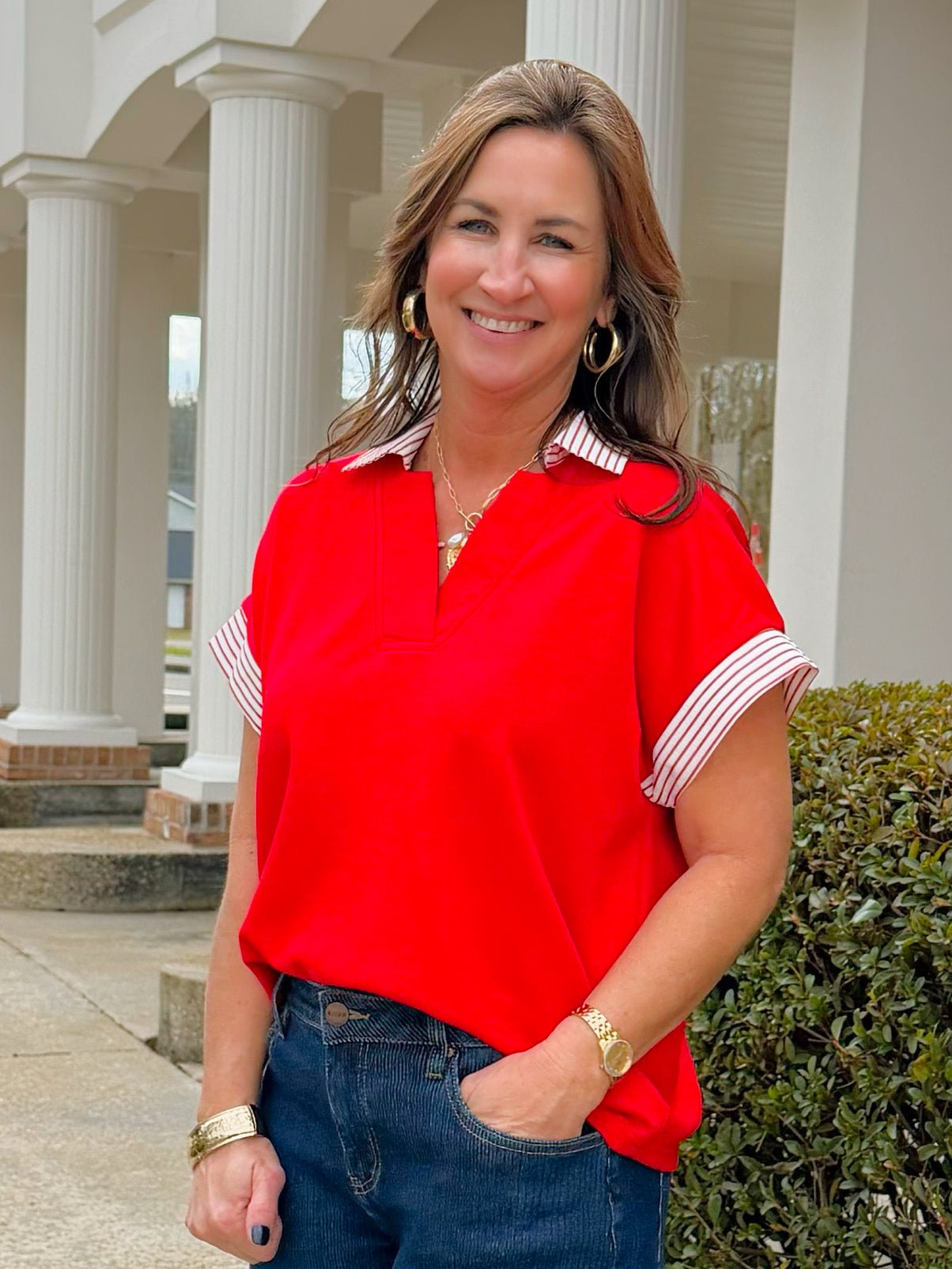 Red Power Play Collared Knit Top - Jessi Jayne Boutique