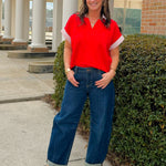 Red Power Play Collared Knit Top - Jessi Jayne Boutique