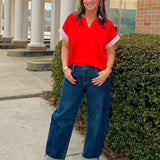 Red Power Play Collared Knit Top - Jessi Jayne Boutique