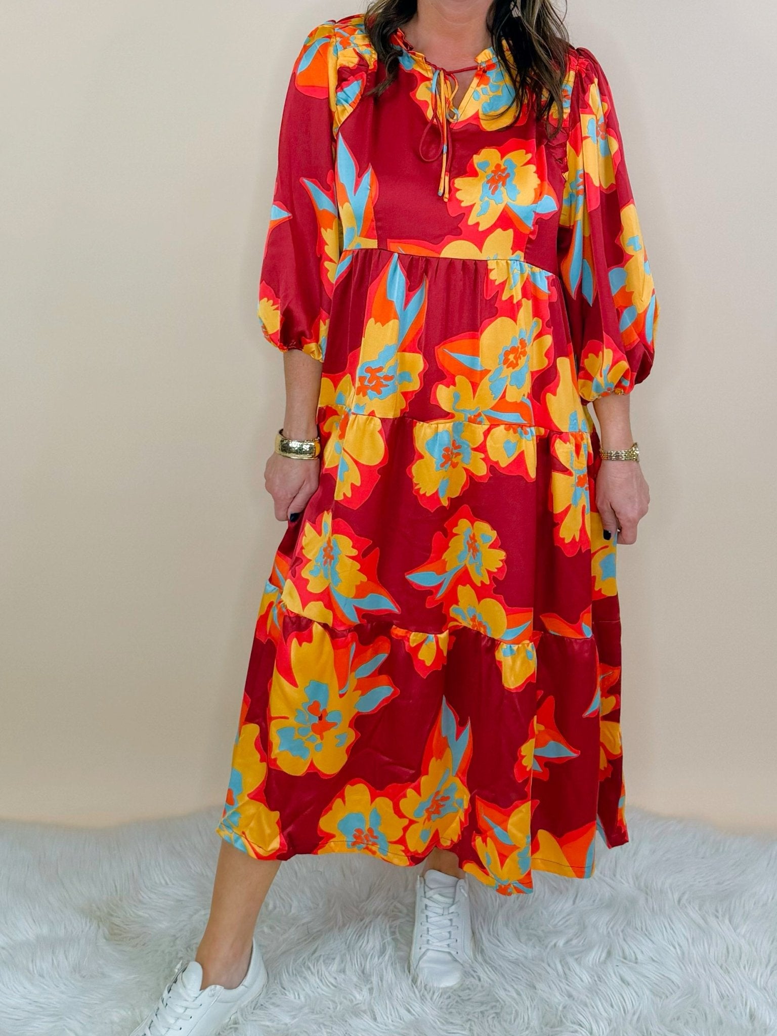 Rouge Bloom Tiered Midi Dress - Jessi Jayne Boutique