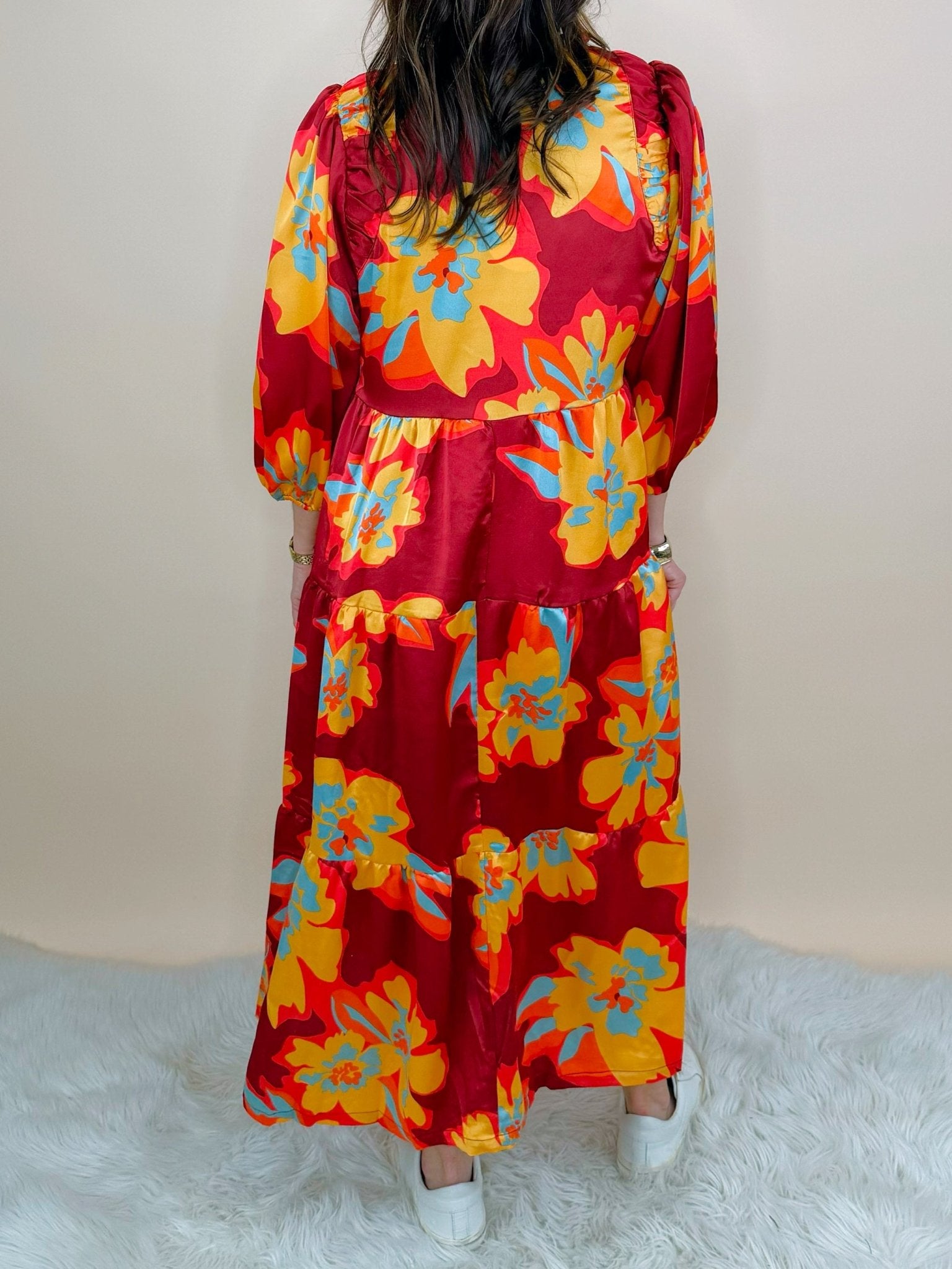 Rouge Bloom Tiered Midi Dress - Jessi Jayne Boutique