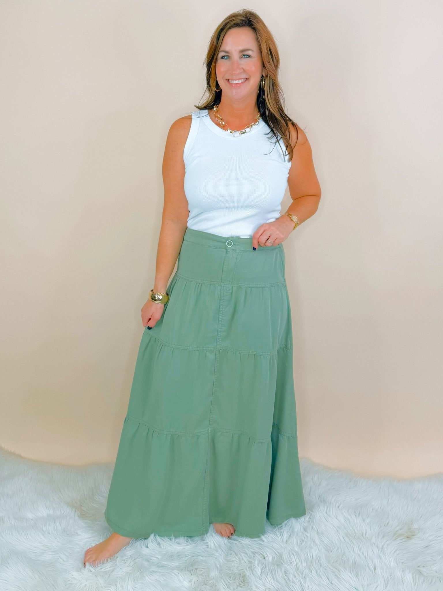Risen Go With the Flow Tencel Maxi Skirt in Sage - Jessi Jayne Boutique