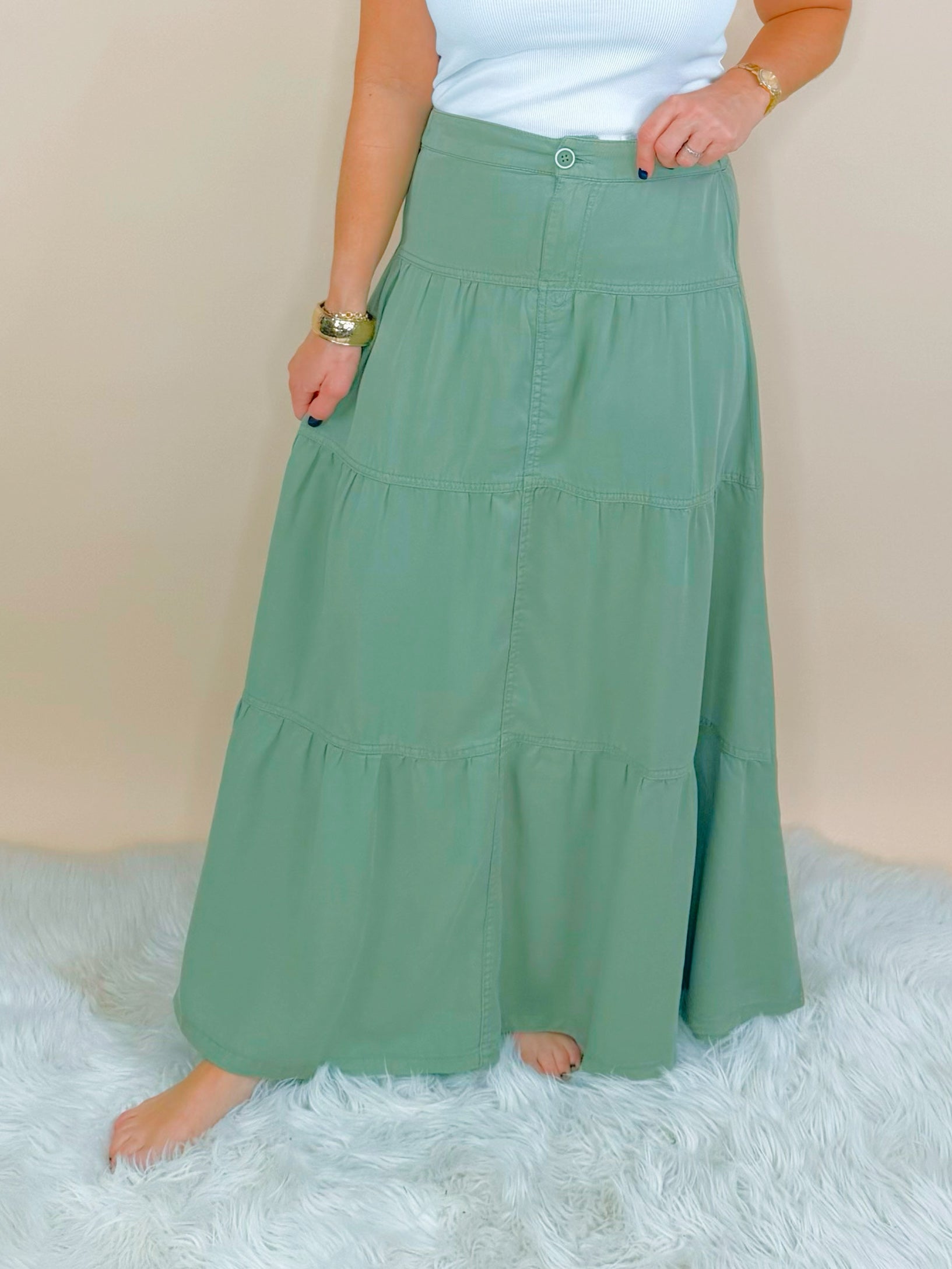 Risen Go With the Flow Tencel Maxi Skirt in Sage - Jessi Jayne Boutique