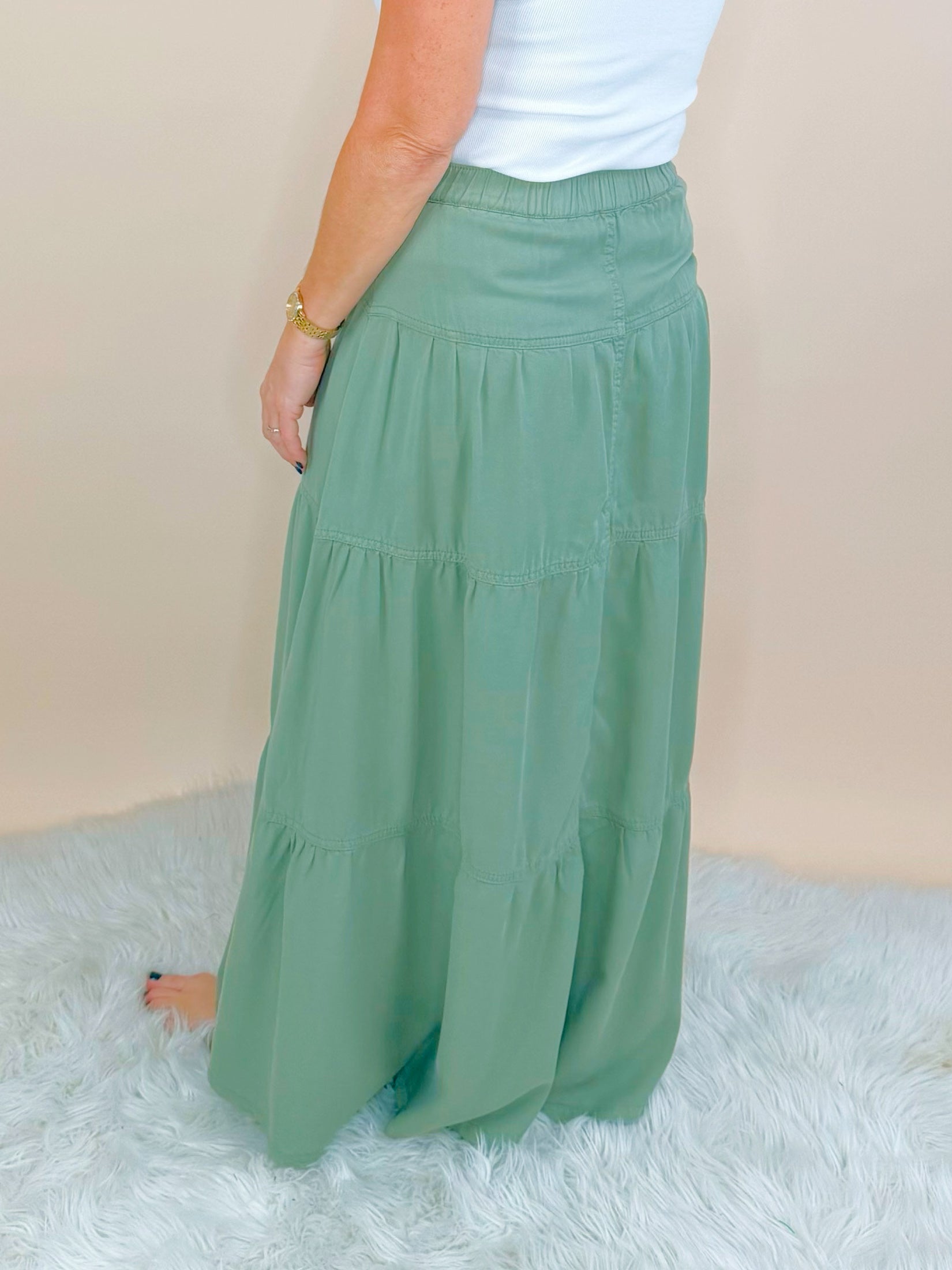 Risen Go With the Flow Tencel Maxi Skirt in Sage - Jessi Jayne Boutique