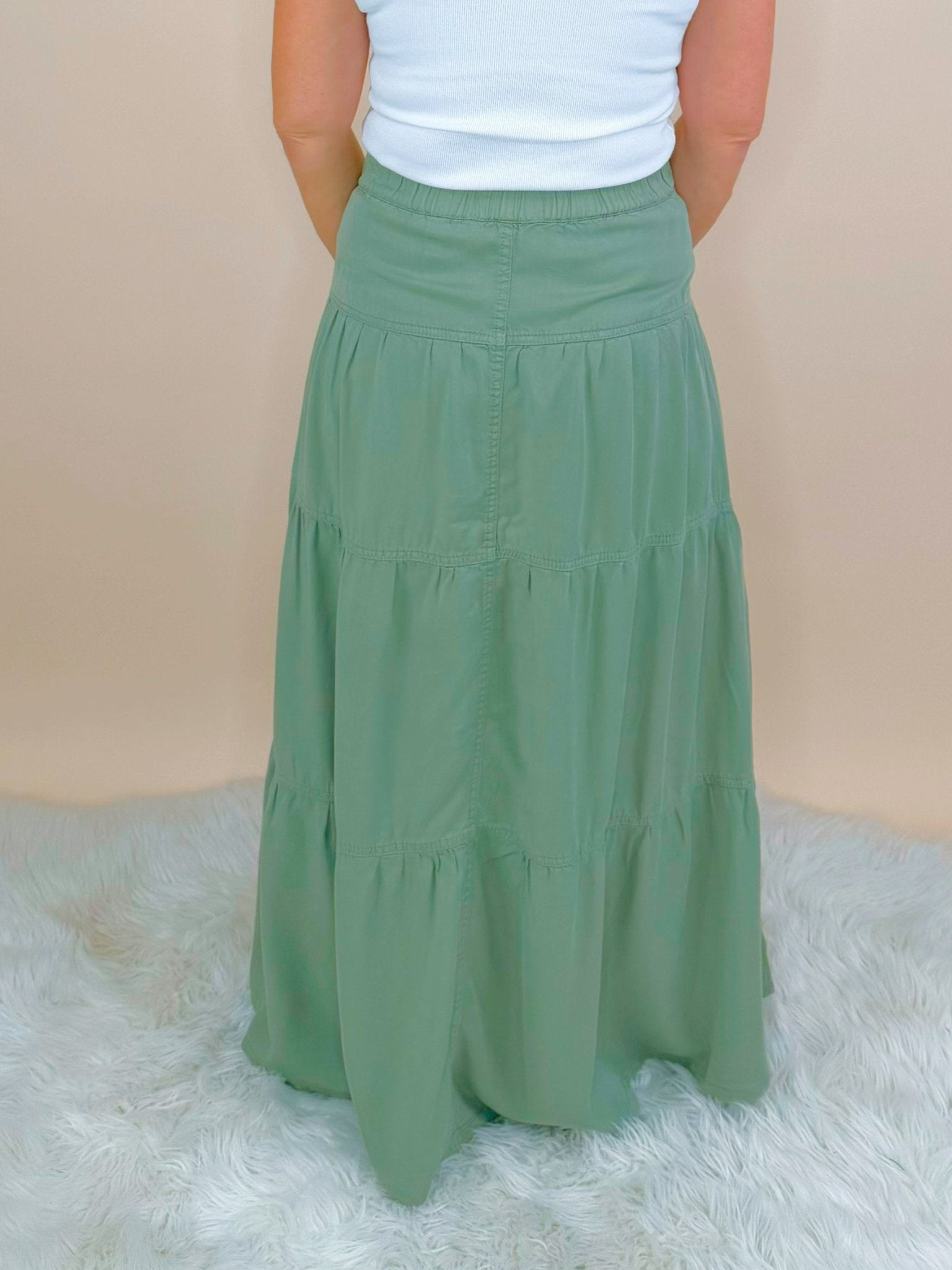 Risen Go With the Flow Tencel Maxi Skirt in Sage - Jessi Jayne Boutique