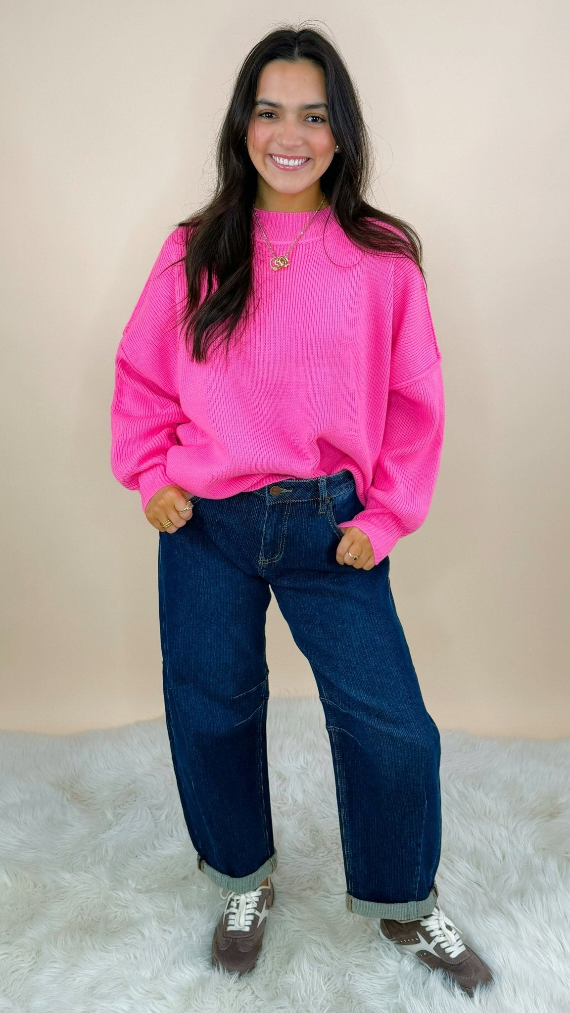 Bold Pink Ribbed Knit Sweater Top - Jessi Jayne Boutique