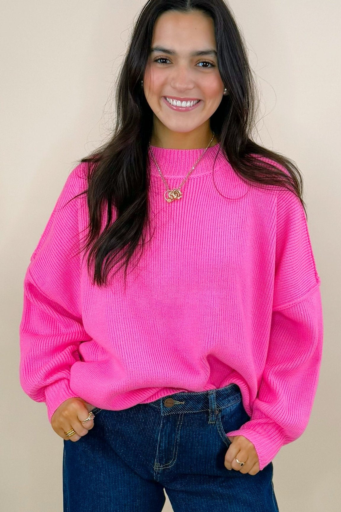 Bold Pink Ribbed Knit Sweater Top - Jessi Jayne Boutique