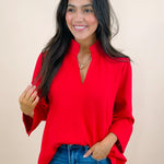 Red Standing Neck Puff Sleeve Top - Jessi Jayne Boutique