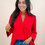 Red Standing Neck Puff Sleeve Top - Jessi Jayne Boutique
