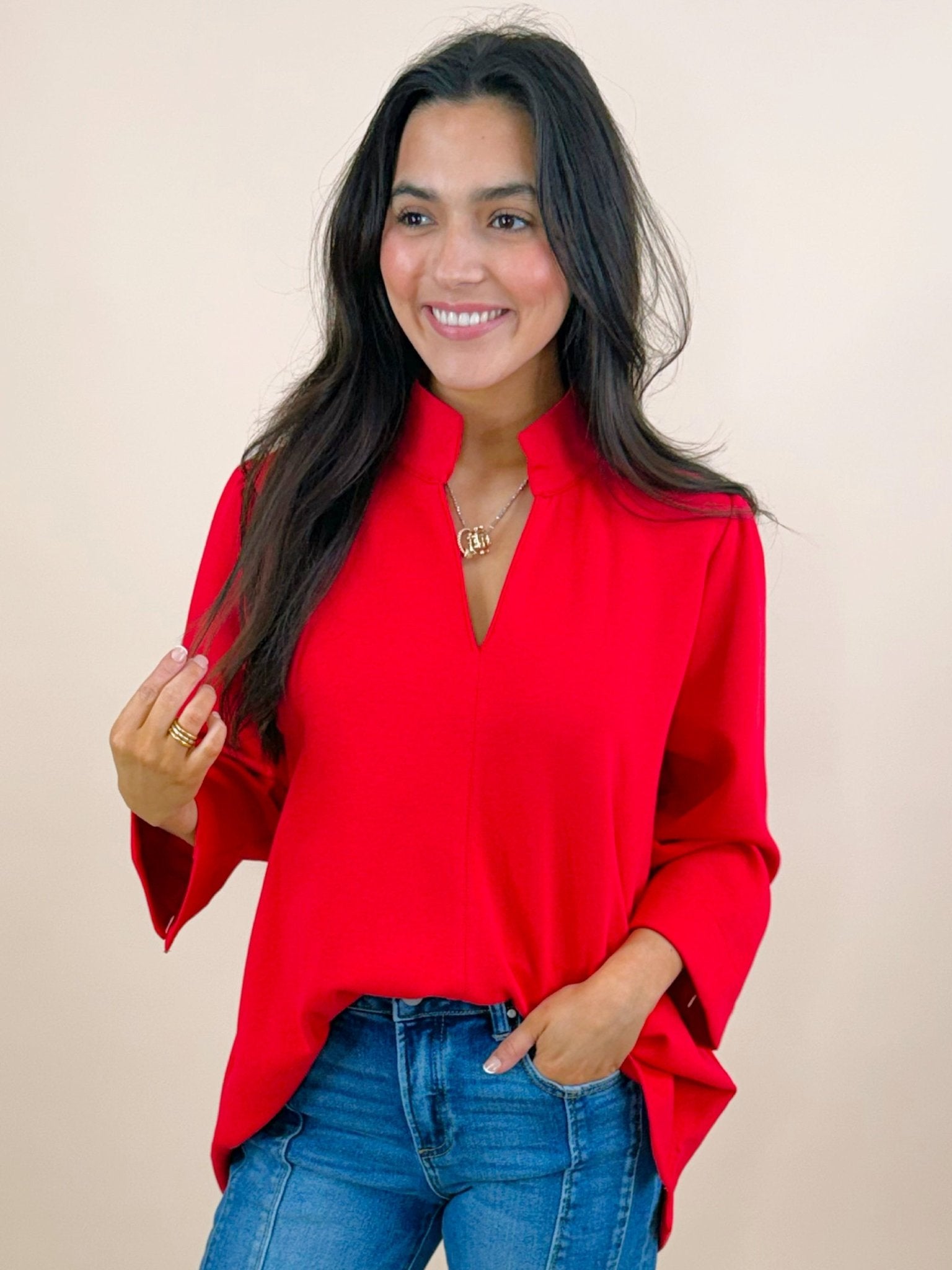 Red Standing Neck Puff Sleeve Top - Jessi Jayne Boutique