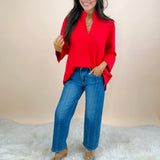 Red Standing Neck Puff Sleeve Top - Jessi Jayne Boutique