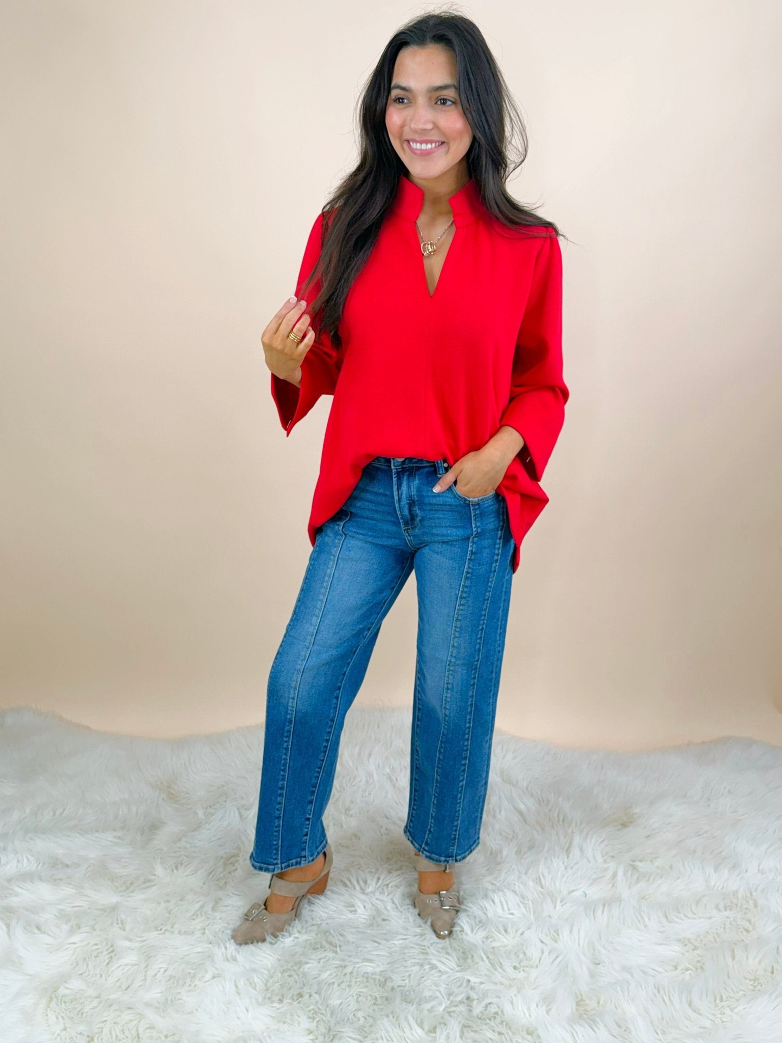 Red Standing Neck Puff Sleeve Top - Jessi Jayne Boutique
