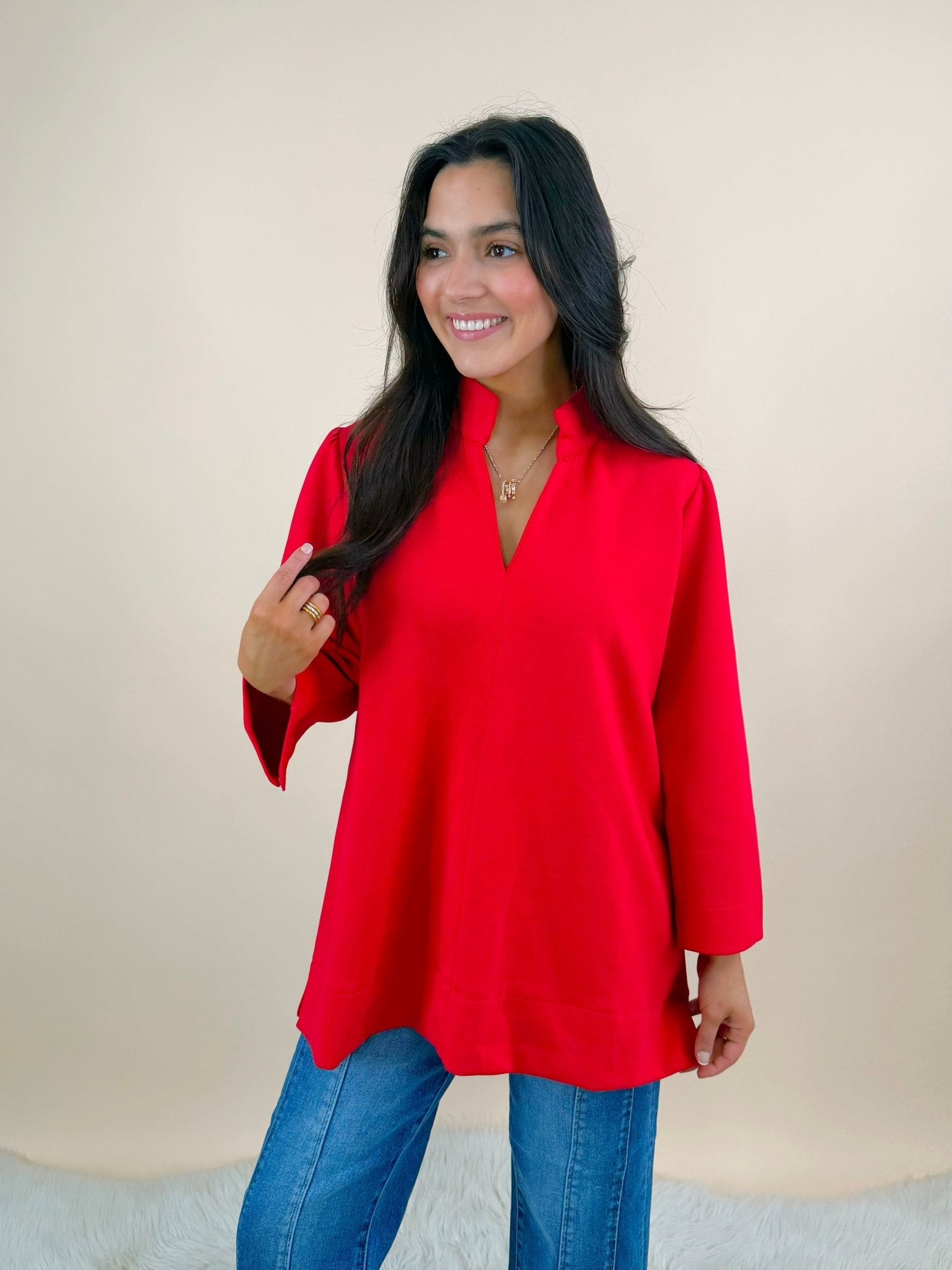 Red Standing Neck Puff Sleeve Top - Jessi Jayne Boutique
