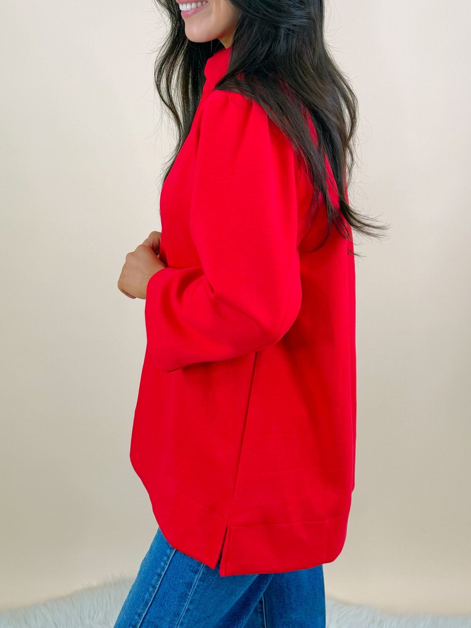 Red Standing Neck Puff Sleeve Top - Jessi Jayne Boutique