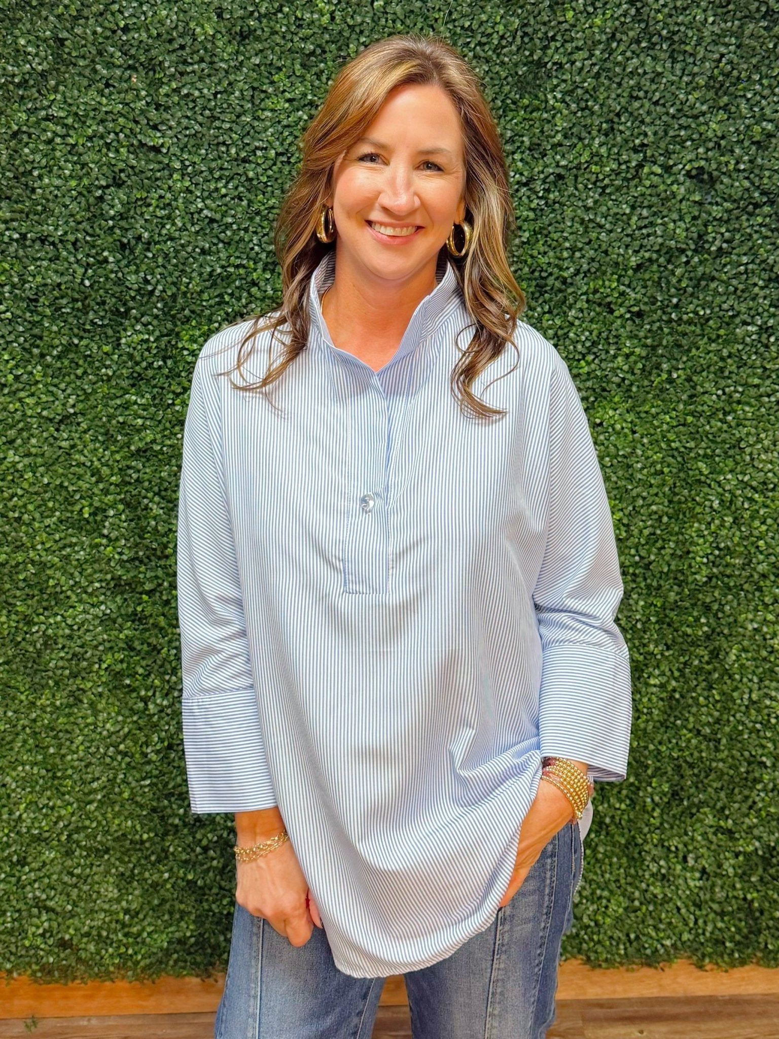 Clean Slate Stand Neck Stripe Blouse - Jessi Jayne Boutique