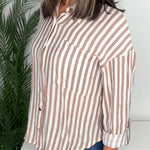 Taupe Tailored Vertical Stripe Button Down Shirt - Jessi Jayne Boutique
