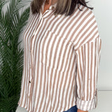 Taupe Tailored Vertical Stripe Button Down Shirt - Jessi Jayne Boutique