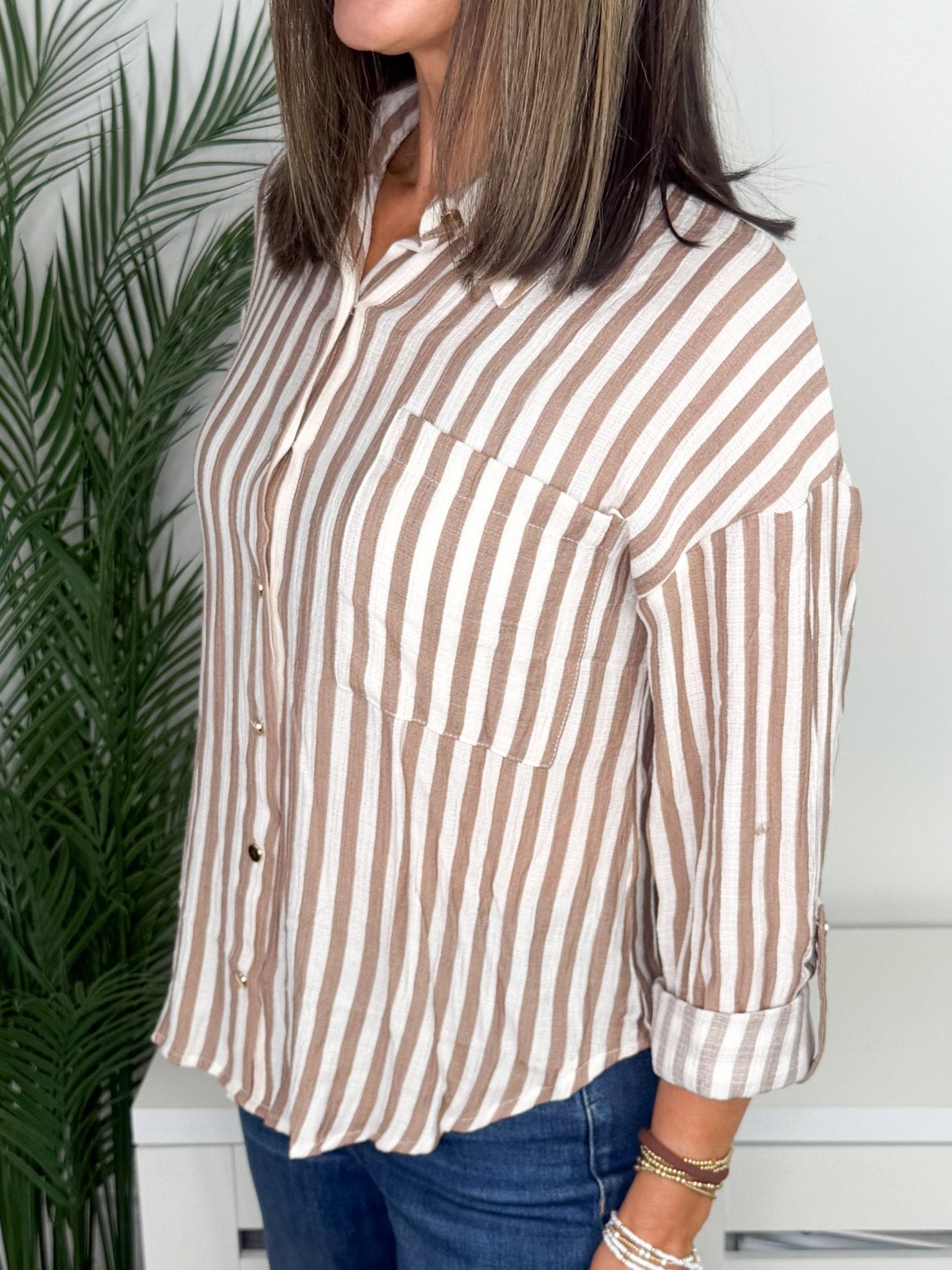 Taupe Tailored Vertical Stripe Button Down Shirt - Jessi Jayne Boutique