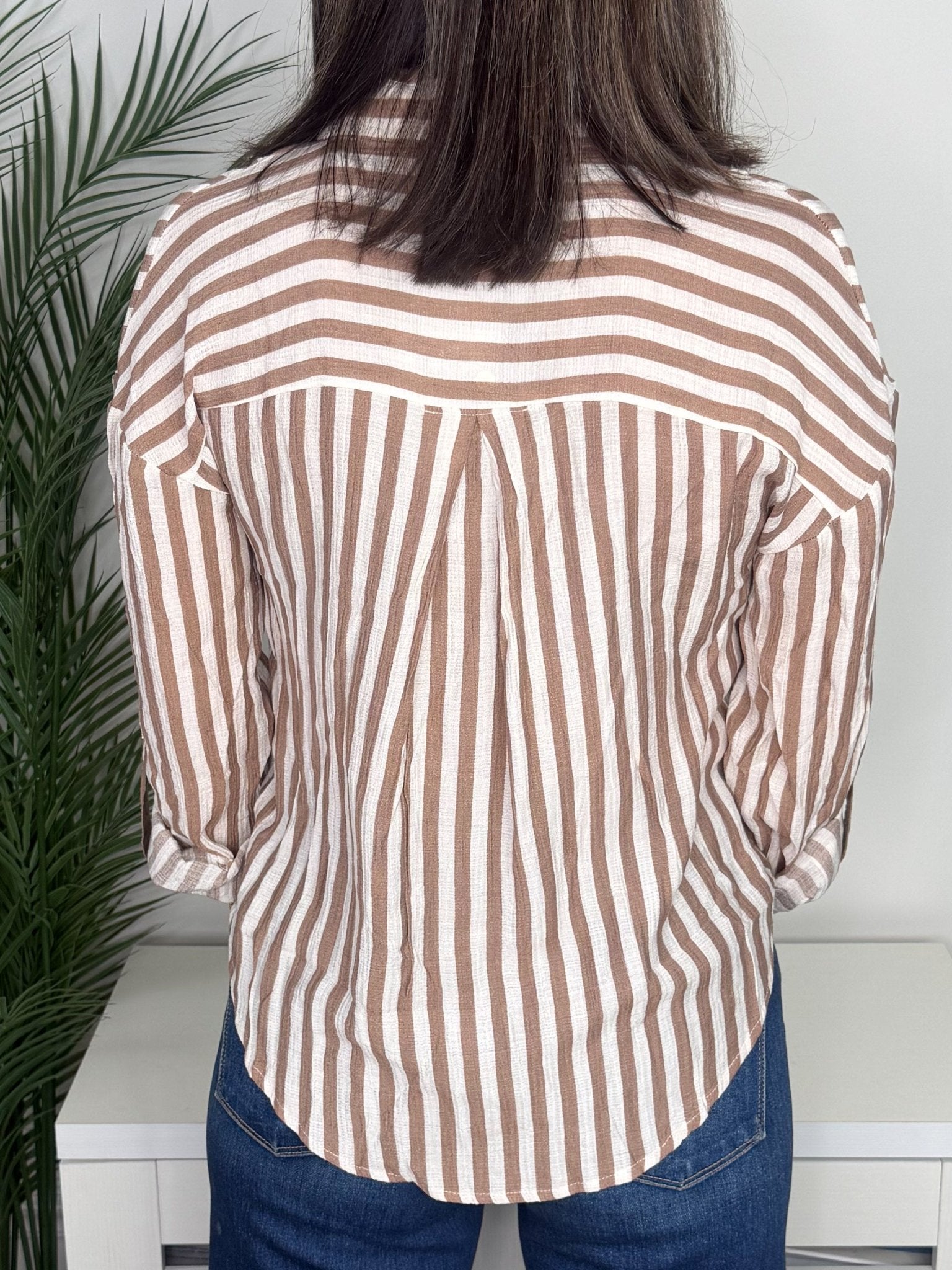 Taupe Tailored Vertical Stripe Button Down Shirt - Jessi Jayne Boutique