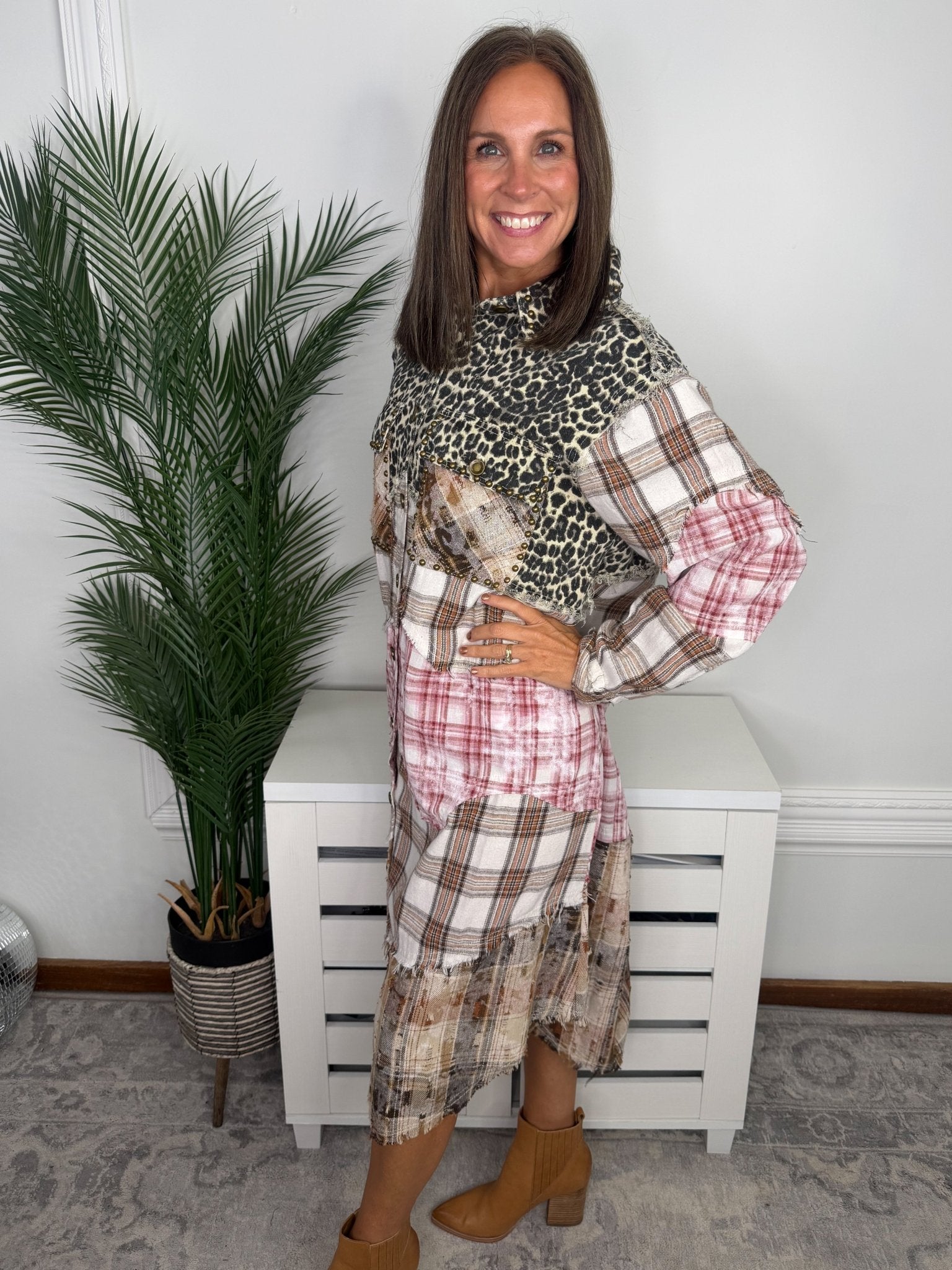 Wild Side Leopard Patchwork Maxi Shirt Jacket - Jessi Jayne Boutique