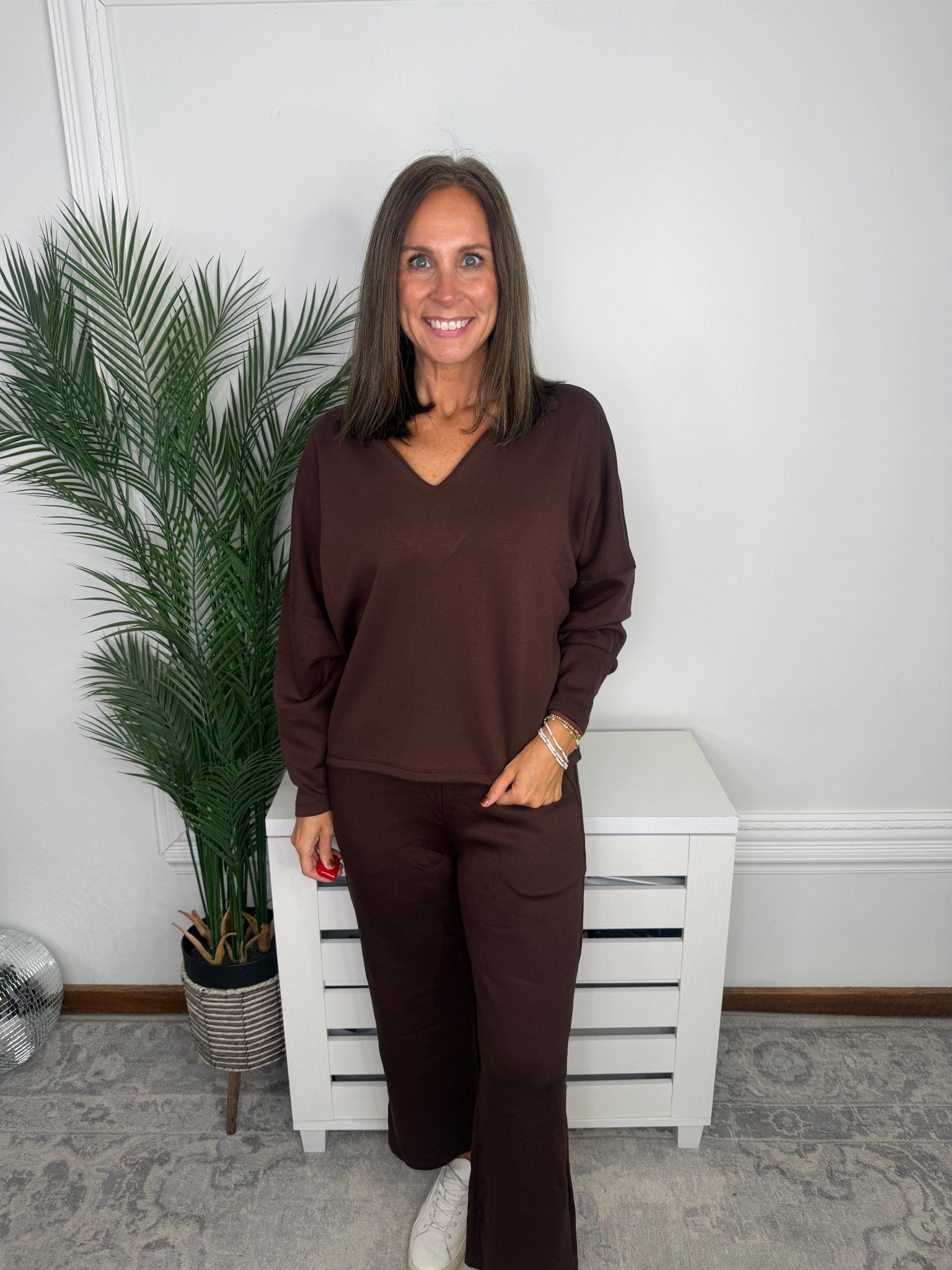 Coffee Date Collared V-Neck Top & Cropped Straight Leg Pant Set - Jessi Jayne Boutique