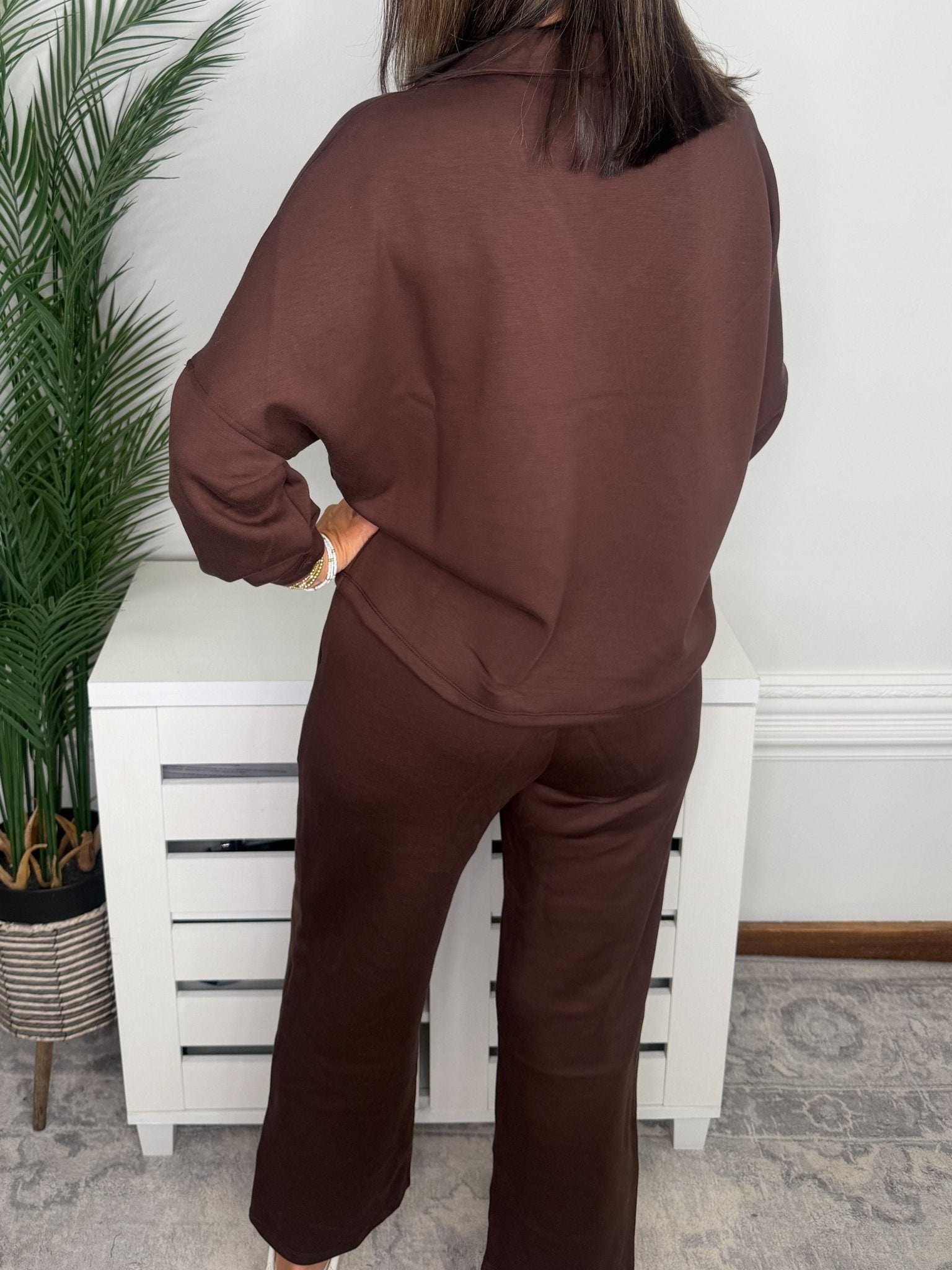 Coffee Date Collared V-Neck Top & Cropped Straight Leg Pant Set - Jessi Jayne Boutique