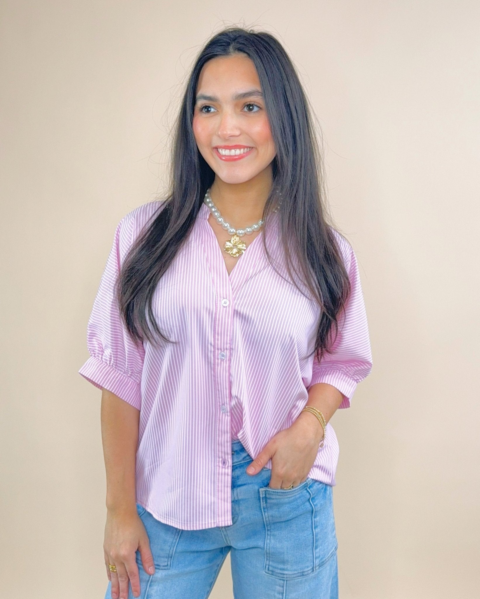 Pink Pinstripe China Collar Blouse - Jessi Jayne Boutique