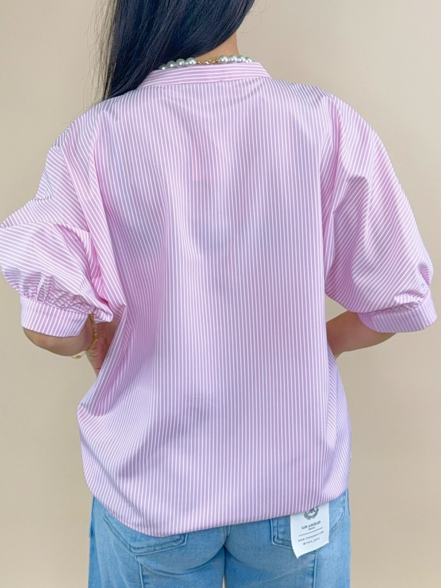Pink Pinstripe China Collar Blouse - Jessi Jayne Boutique