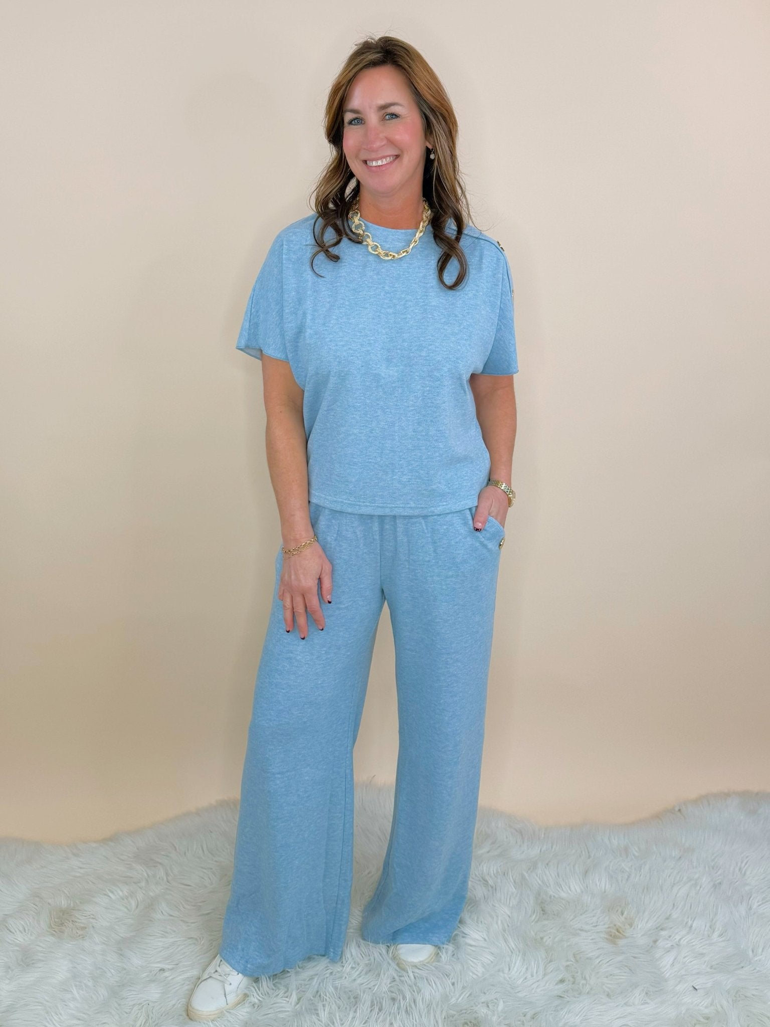 Button Detail Knit Blue Set - Jessi Jayne Boutique