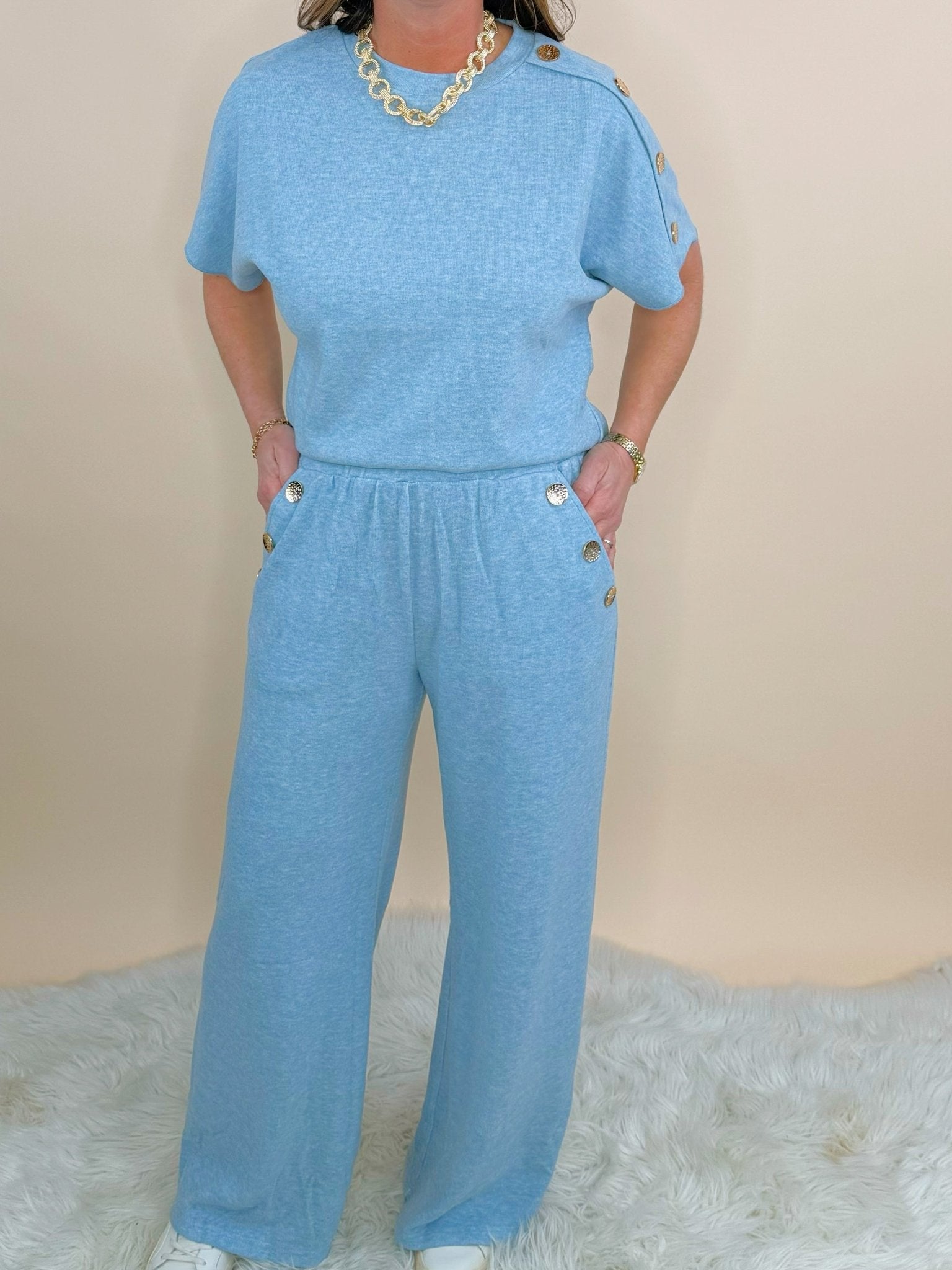 Button Detail Knit Blue Set - Jessi Jayne Boutique