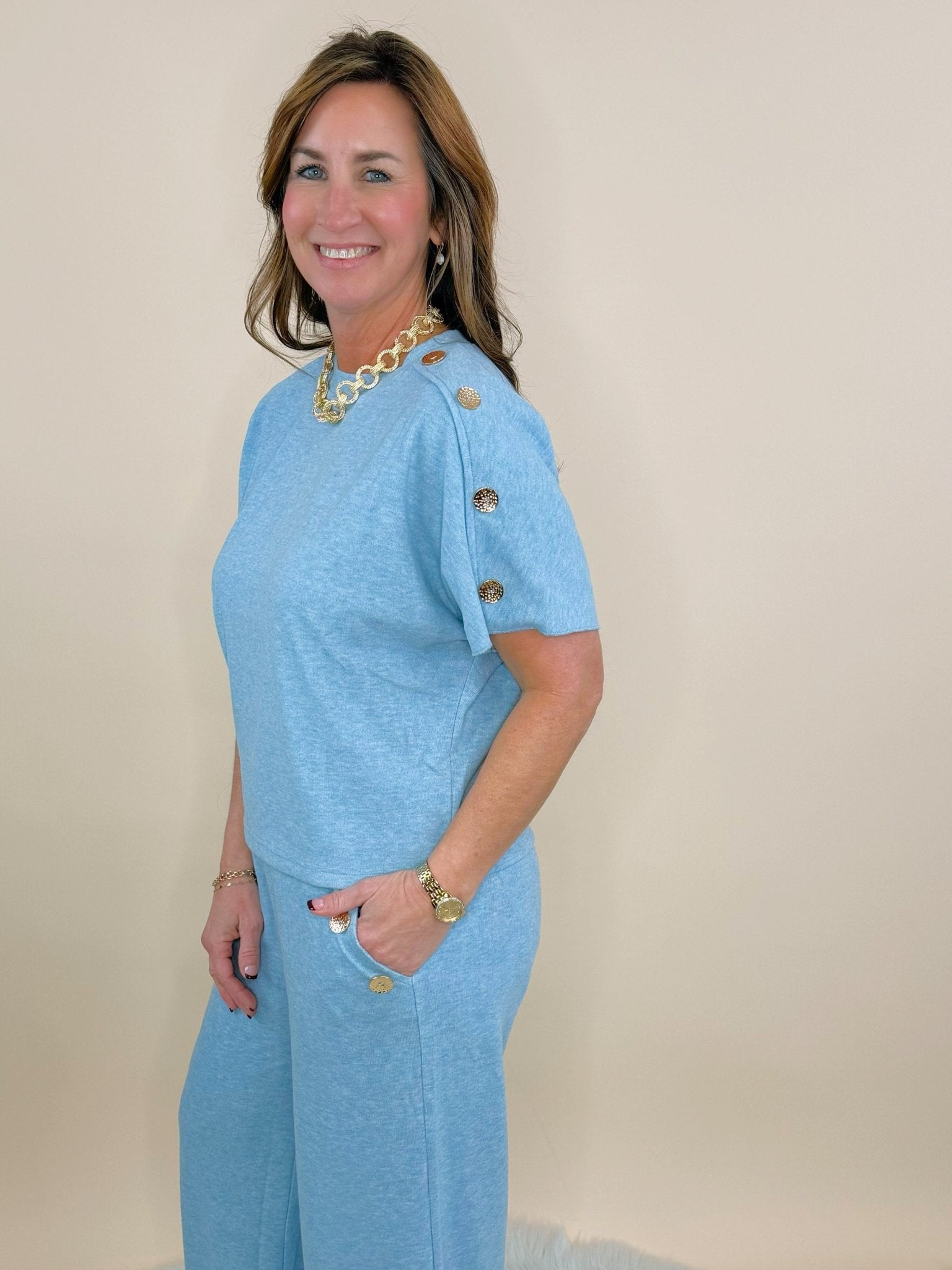 Button Detail Knit Blue Set - Jessi Jayne Boutique