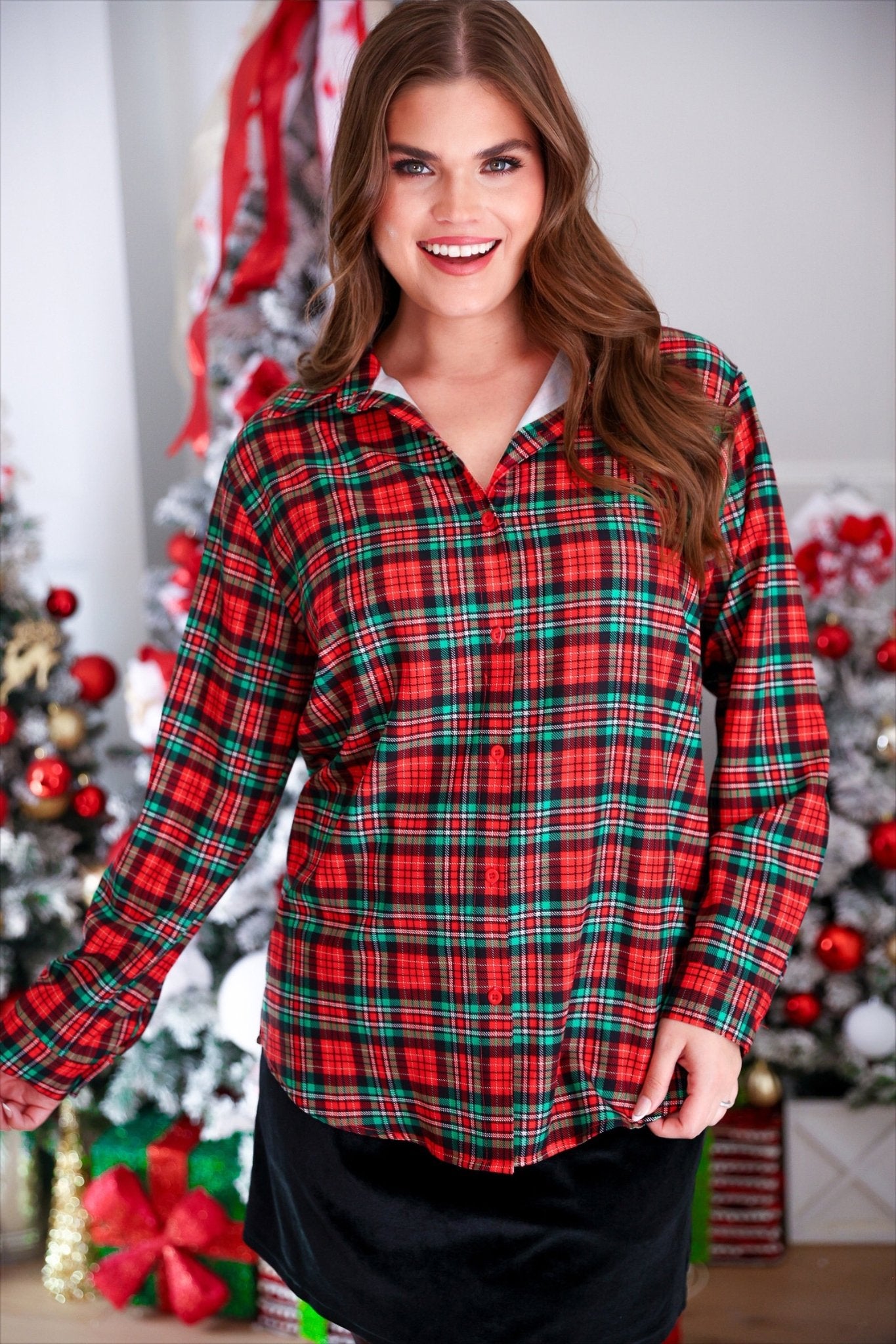 PREORDER- Nina Button Up Tunic- Christmas Plaid - Jessi Jayne Boutique
