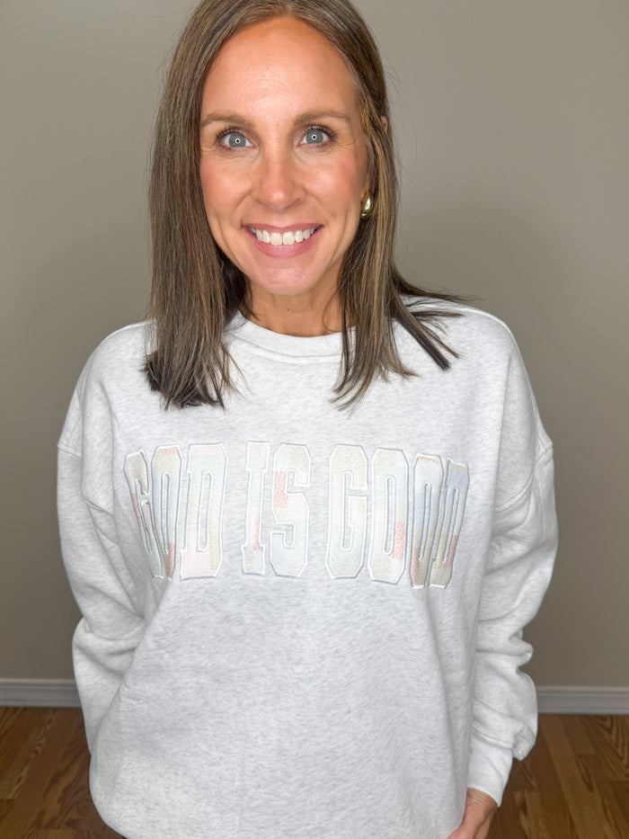 God Is Good Quilted Pastel Embroidered Sweatshirt - Jessi Jayne Boutique