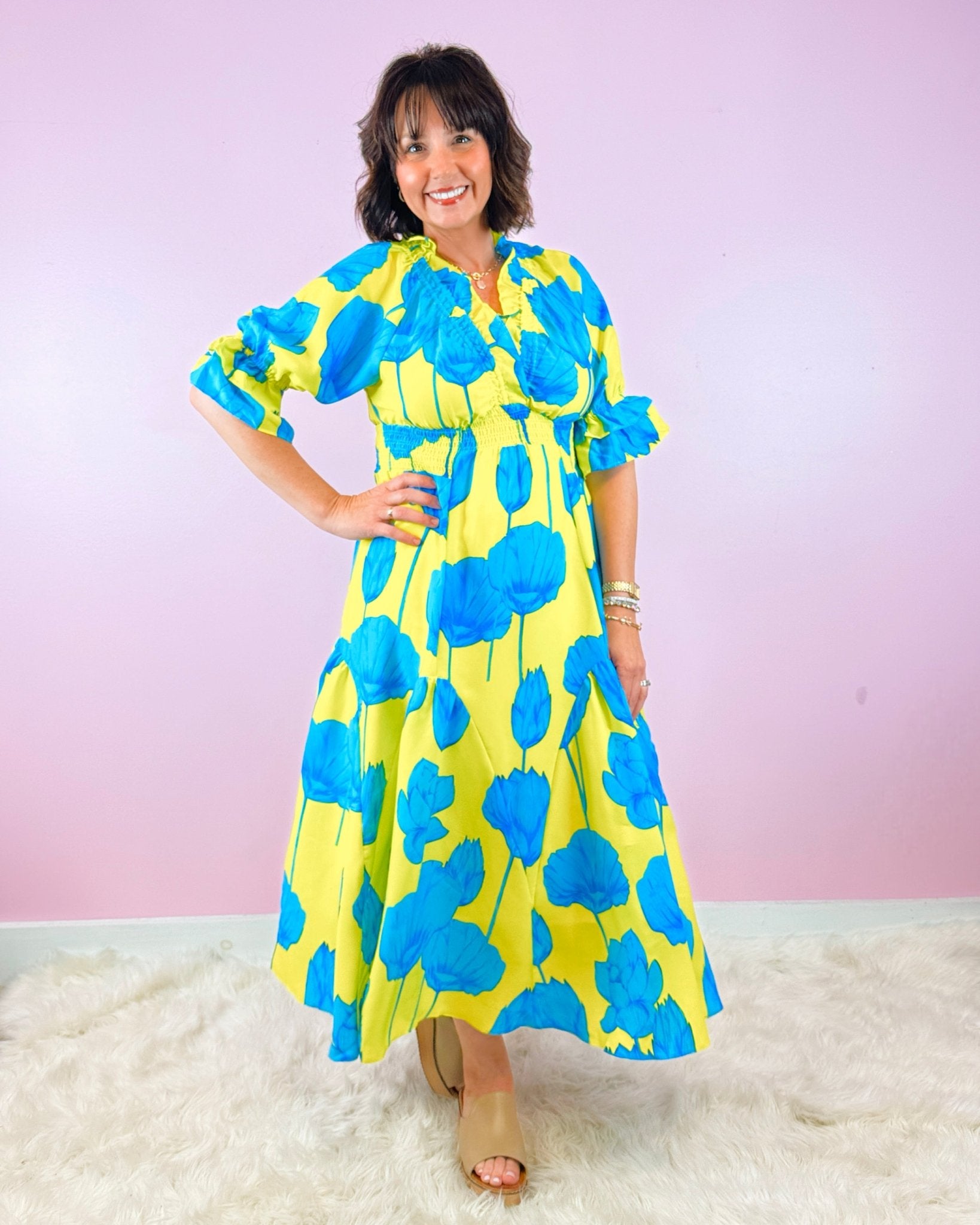 Electric Bloom Ruffle Midi Dress - Jessi Jayne Boutique