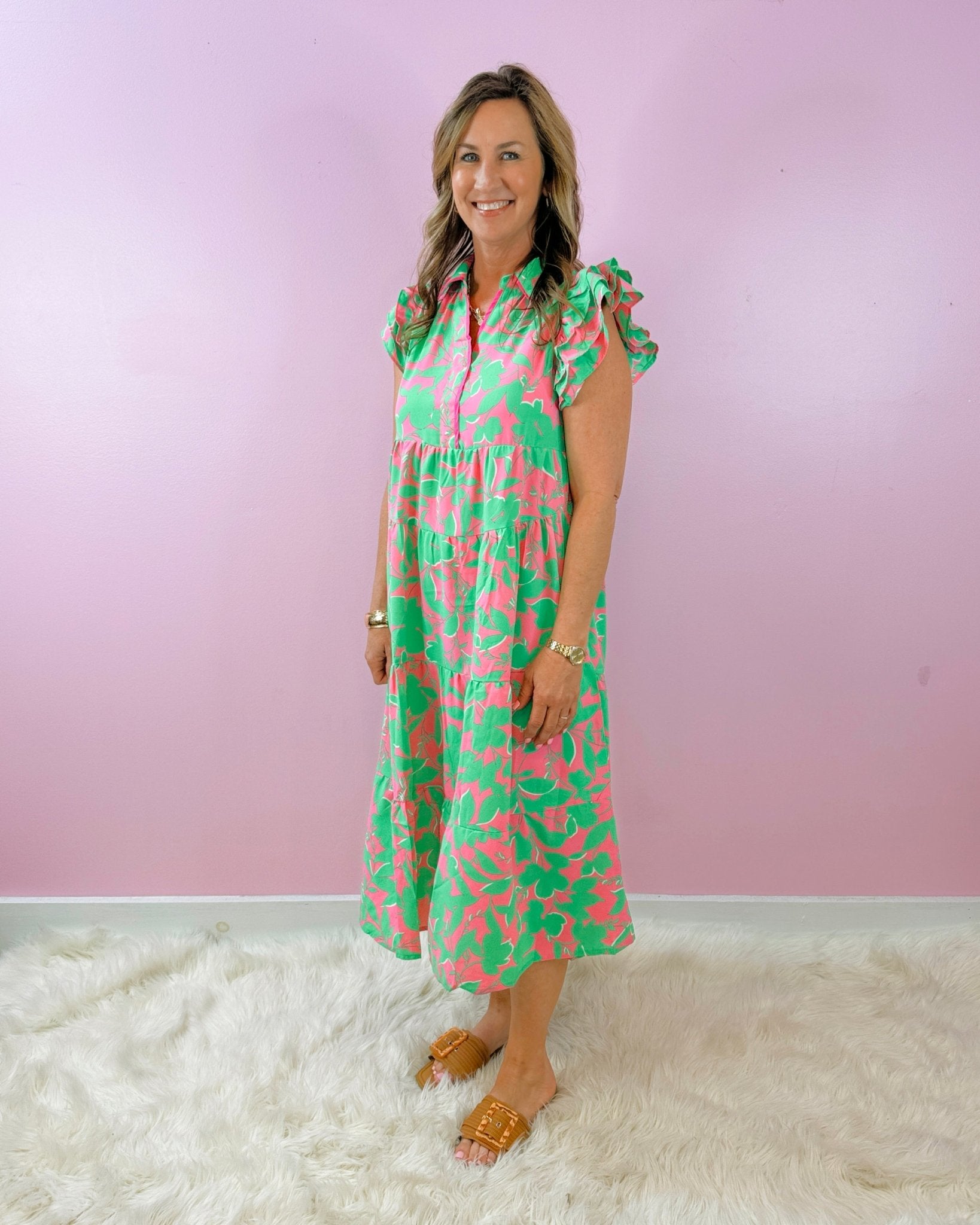 Garden Glow Tiered Midi Dress In Emerald Mix - Jessi Jayne Boutique