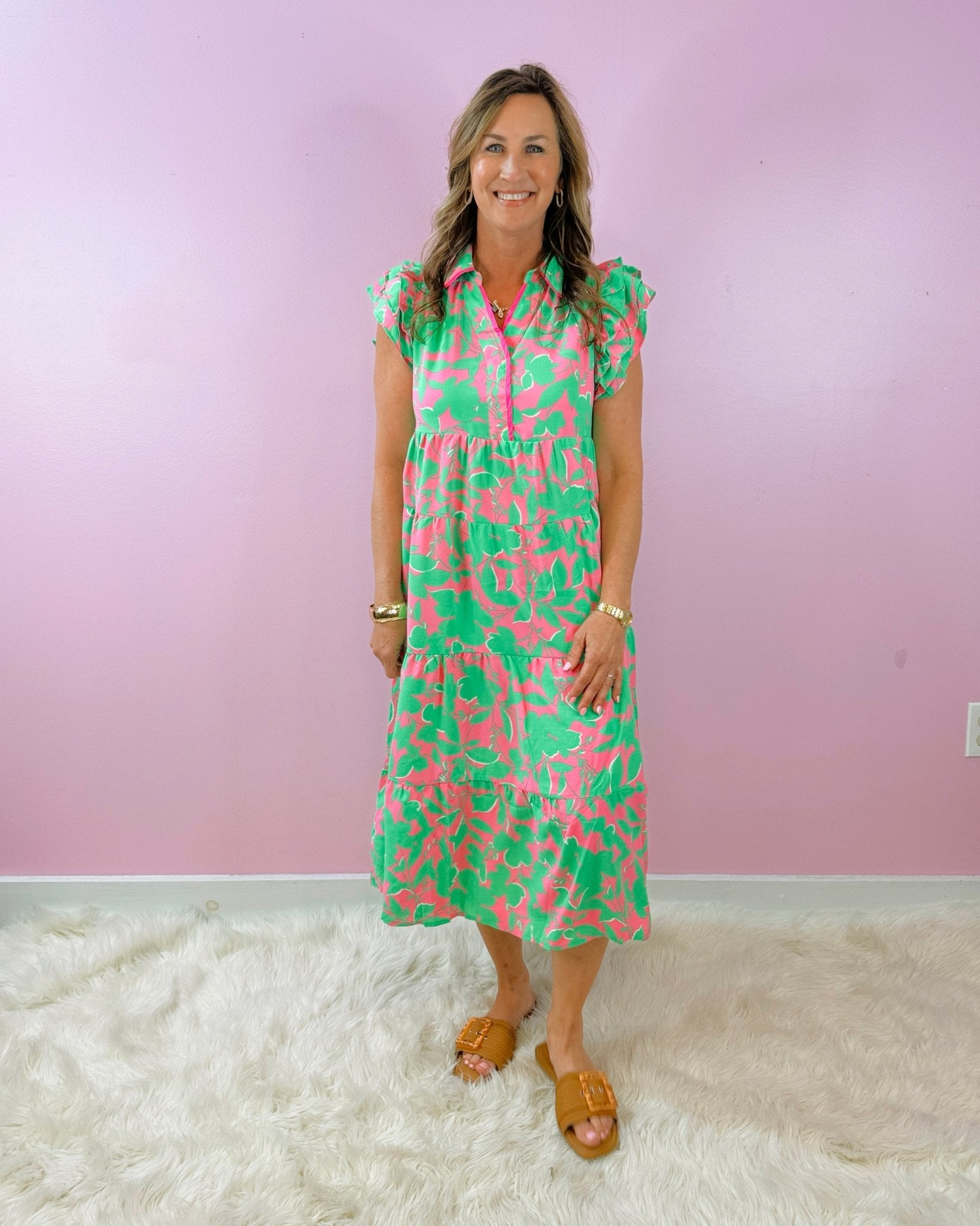 Garden Glow Tiered Midi Dress In Emerald Mix - Jessi Jayne Boutique