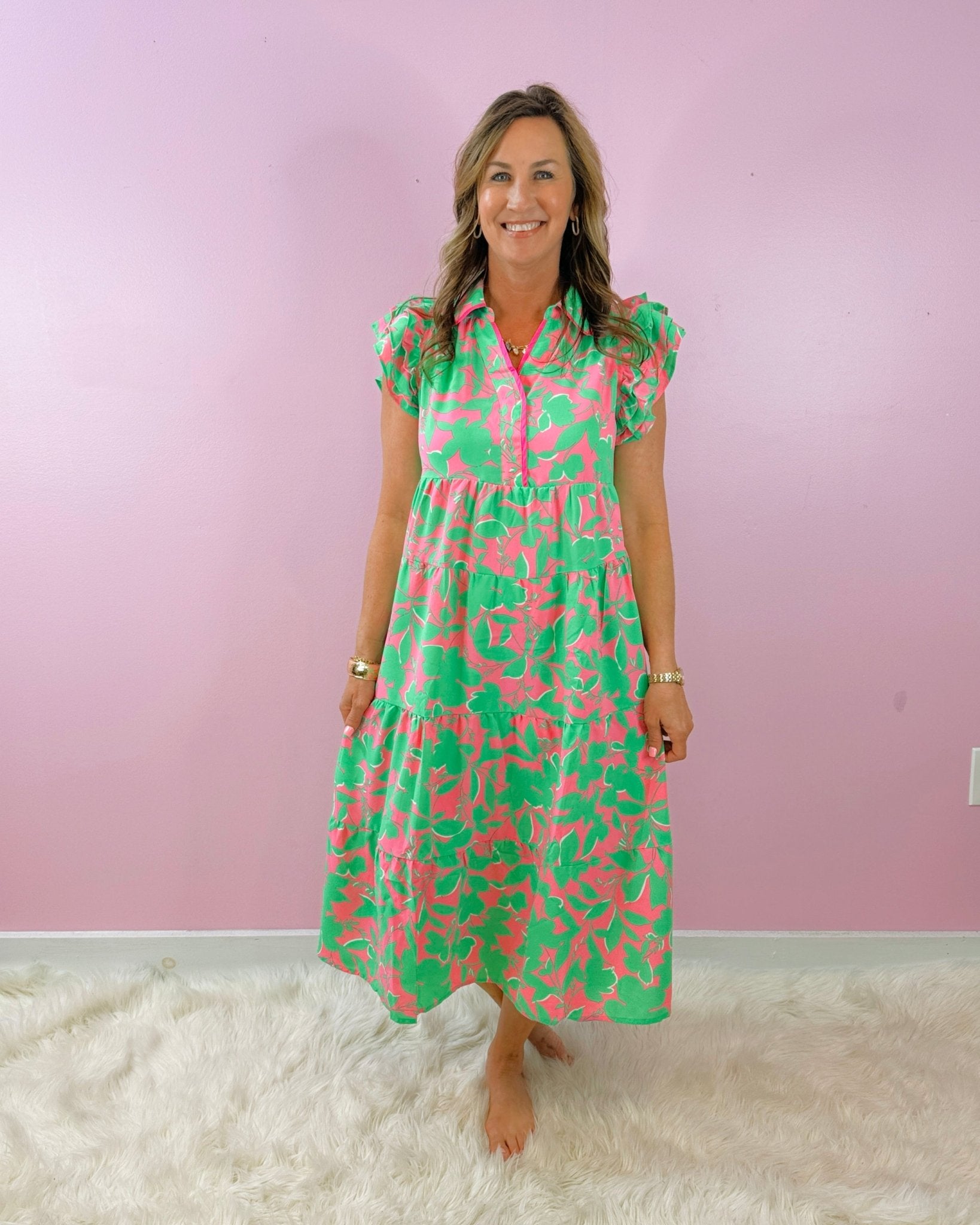 Garden Glow Tiered Midi Dress In Emerald Mix - Jessi Jayne Boutique