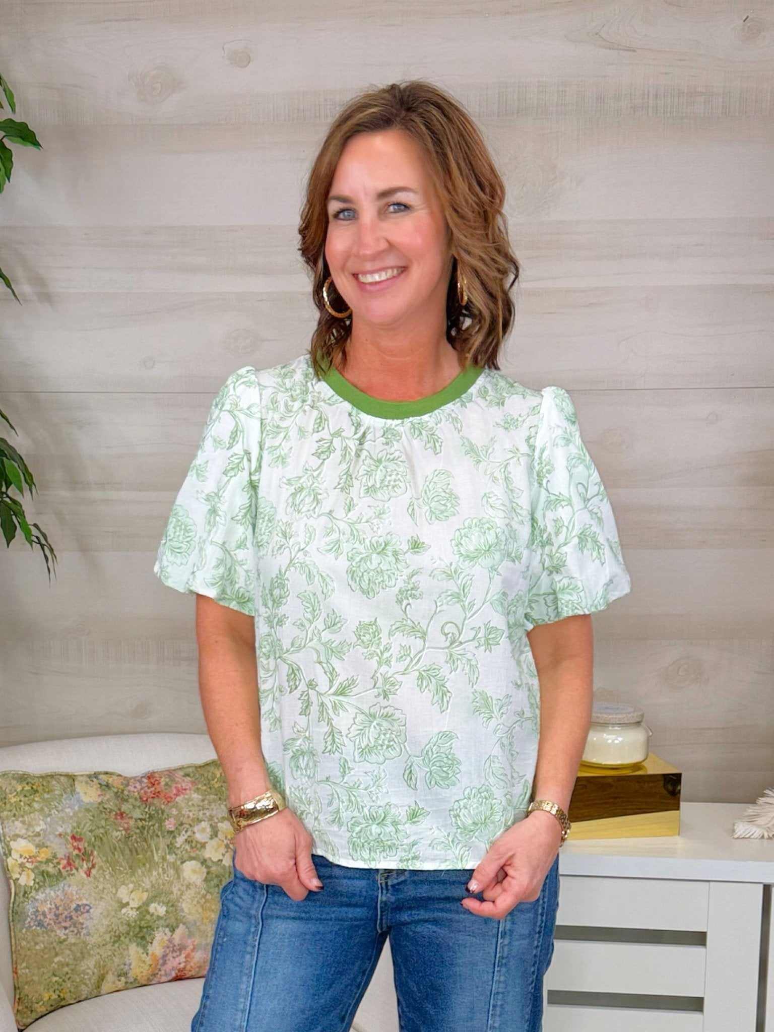 Green Garden Bubble Sleeve Top - Jessi Jayne Boutique