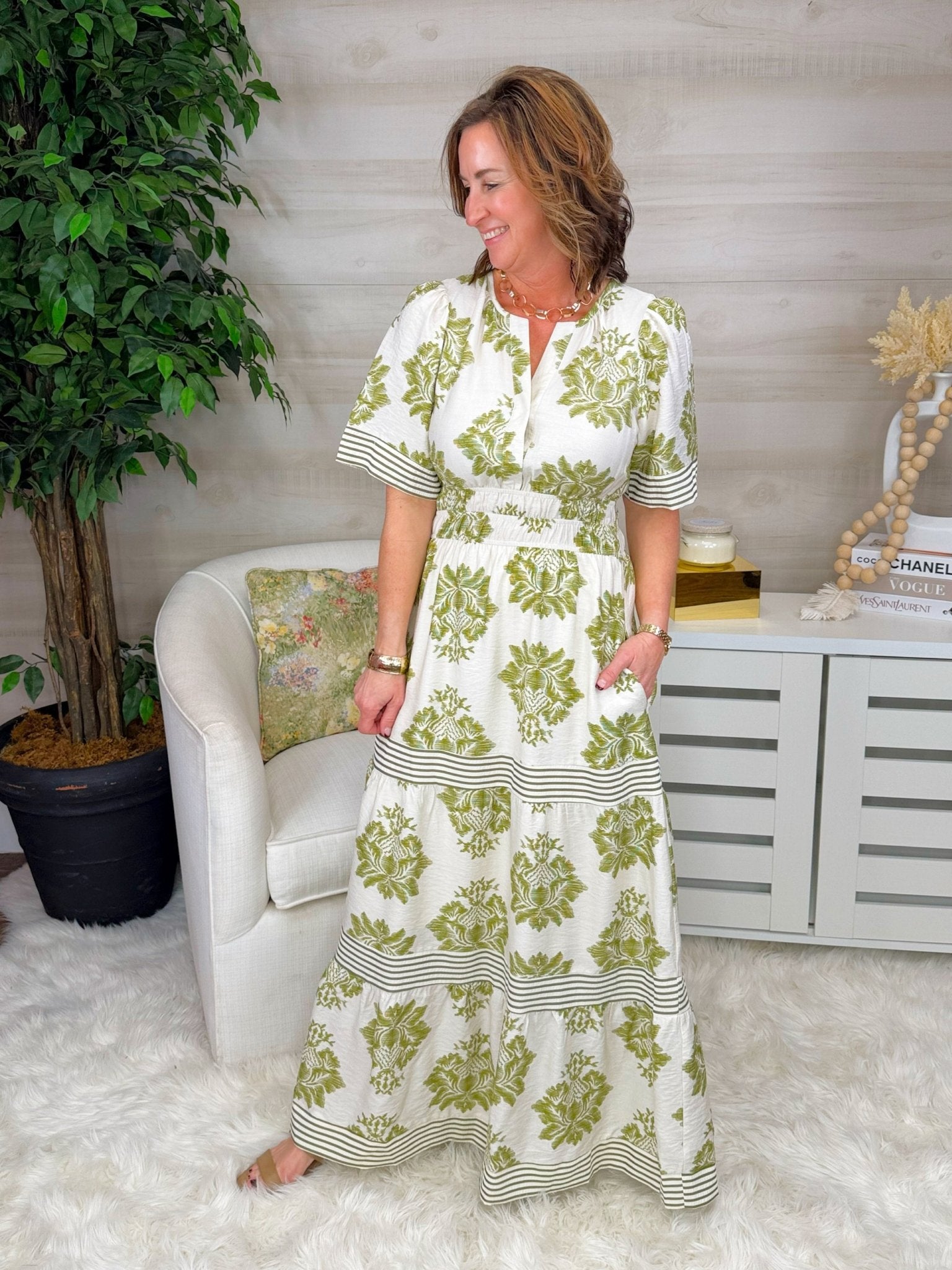 Olive Crest Printed Maxi Dress - Jessi Jayne Boutique