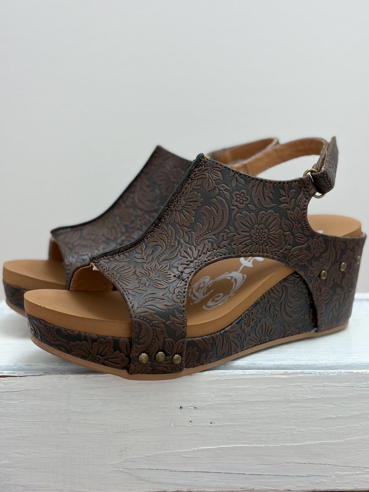 Very G Chocolate Isabella Tooled Wedge - Jessi Jayne Boutique