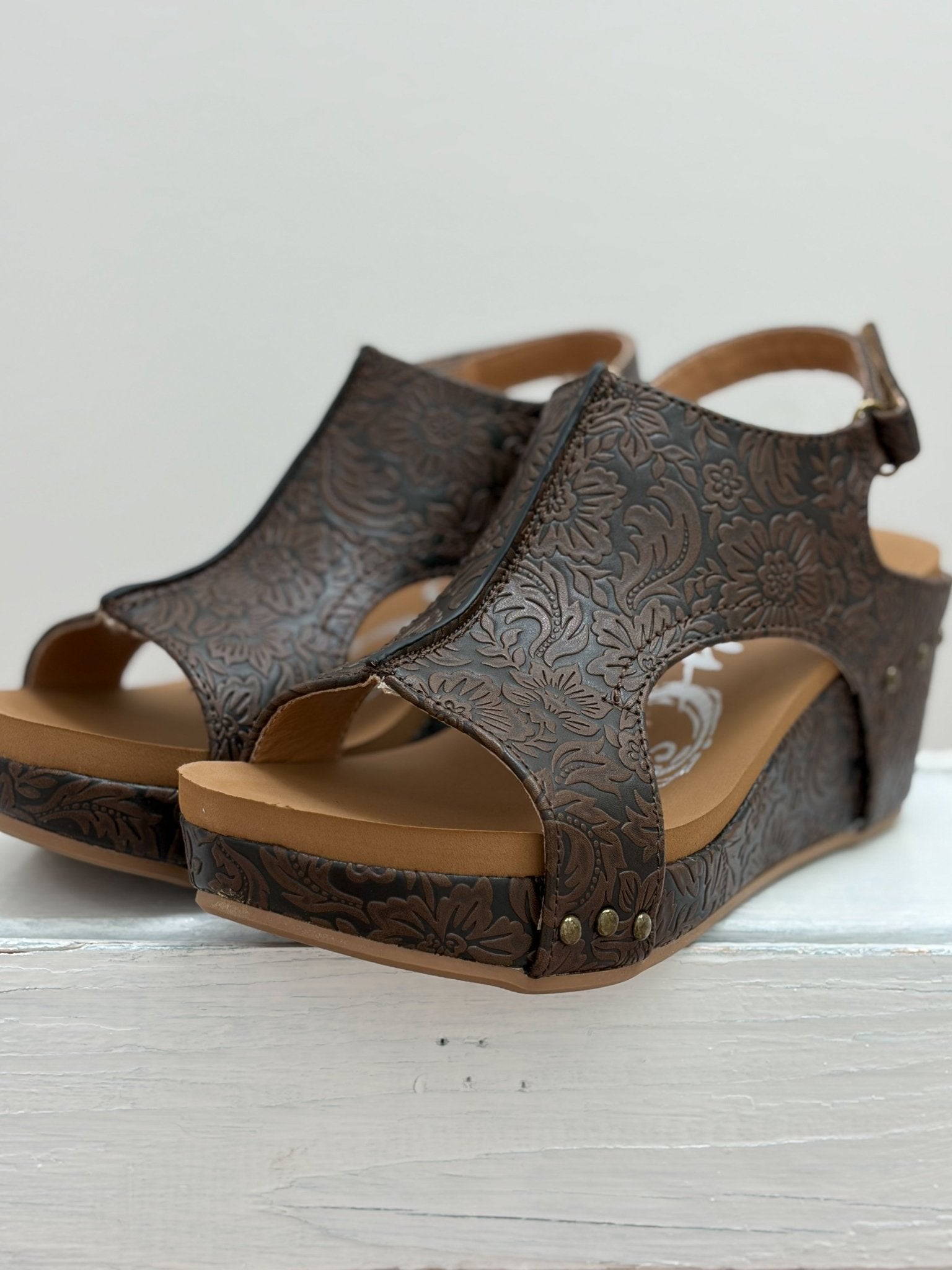 Very G Chocolate Isabella Tooled Wedge - Jessi Jayne Boutique