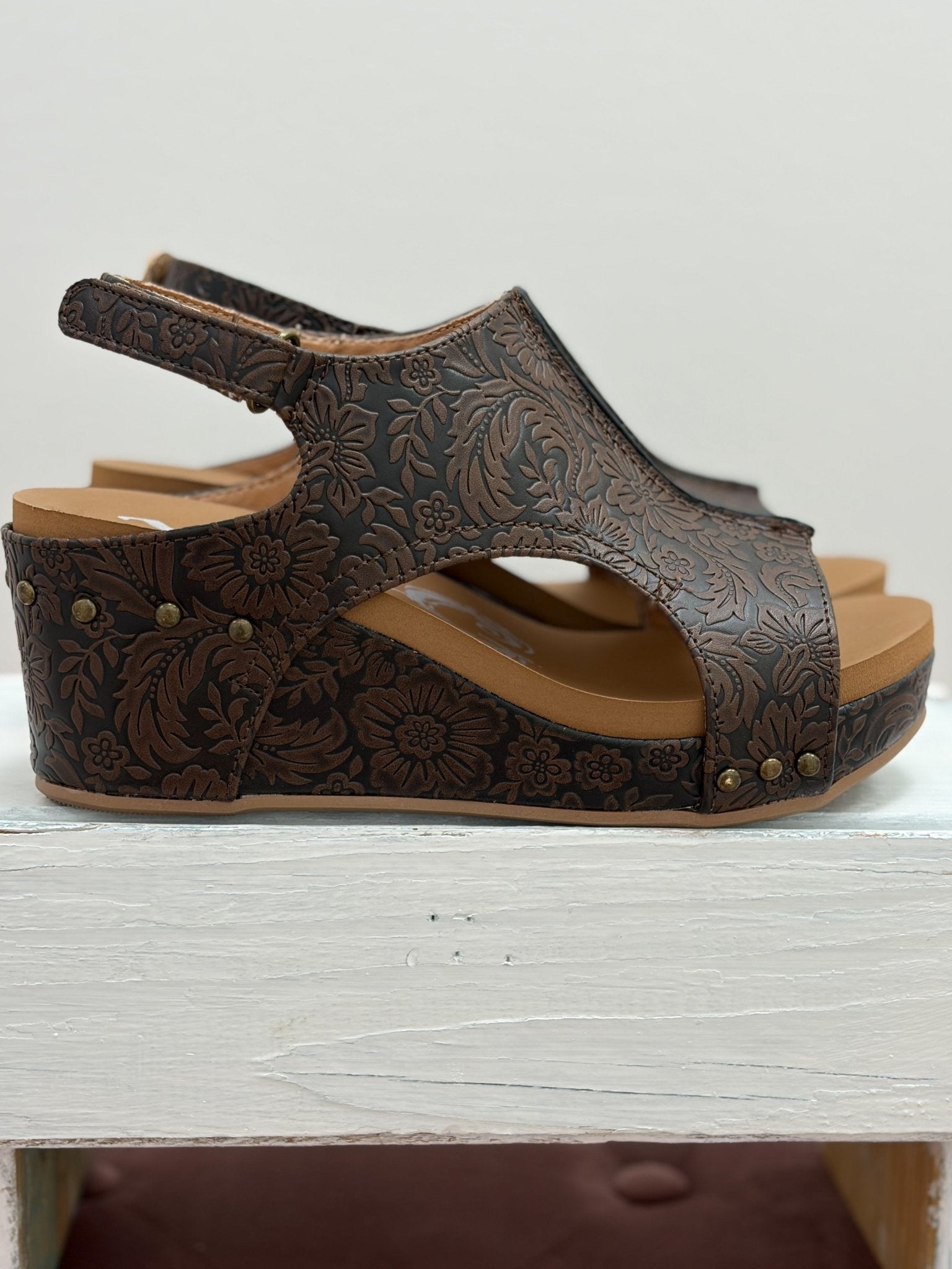 Very G Chocolate Isabella Tooled Wedge - Jessi Jayne Boutique