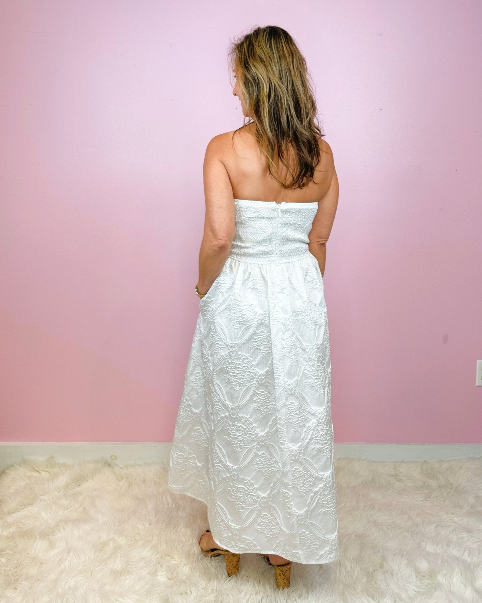 White Regal Romance Strapless Pleated Midi Dress - Jessi Jayne Boutique