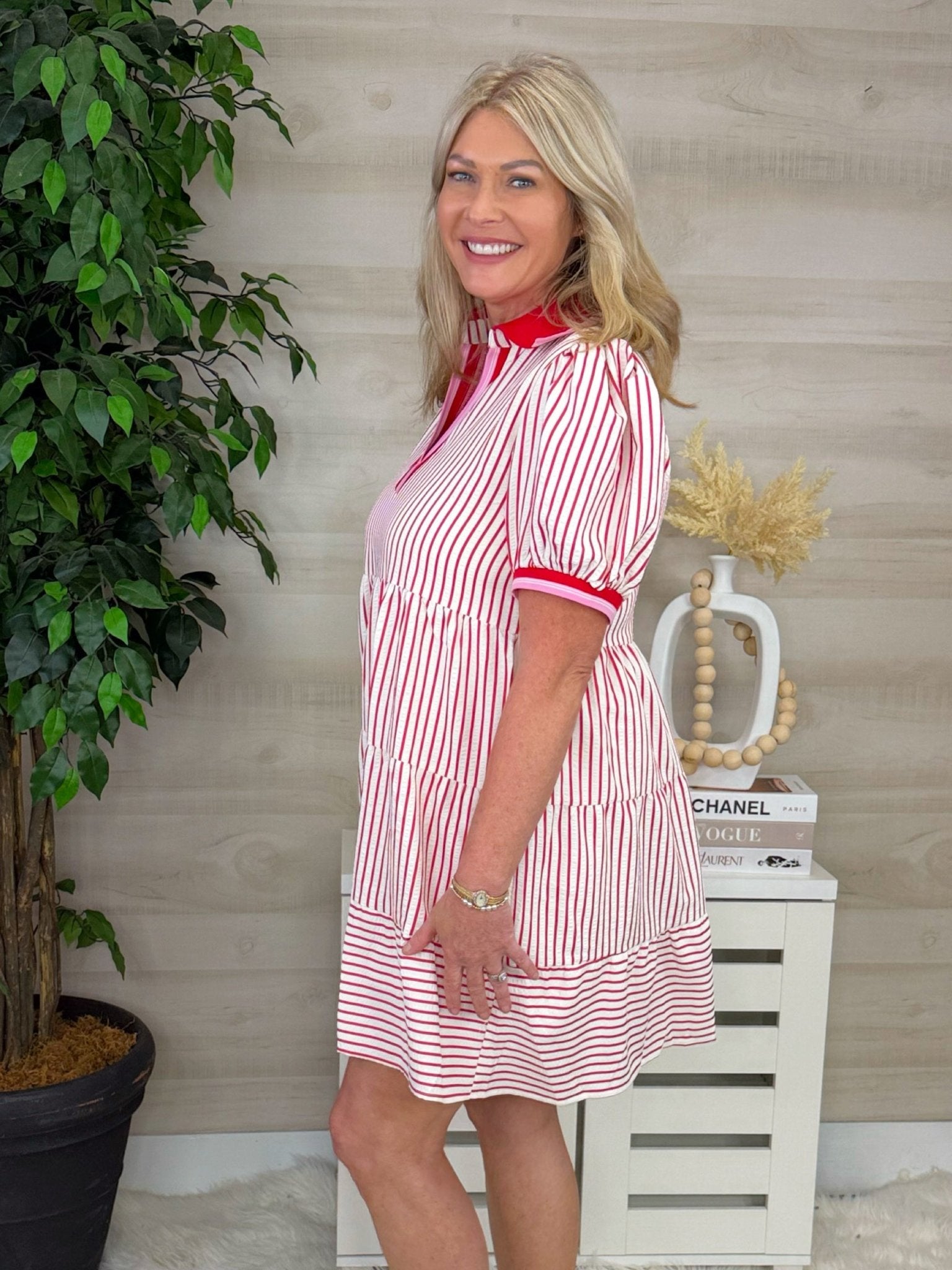 Cherry Picked Stripe Puff Sleeve Mini Dress - Jessi Jayne Boutique