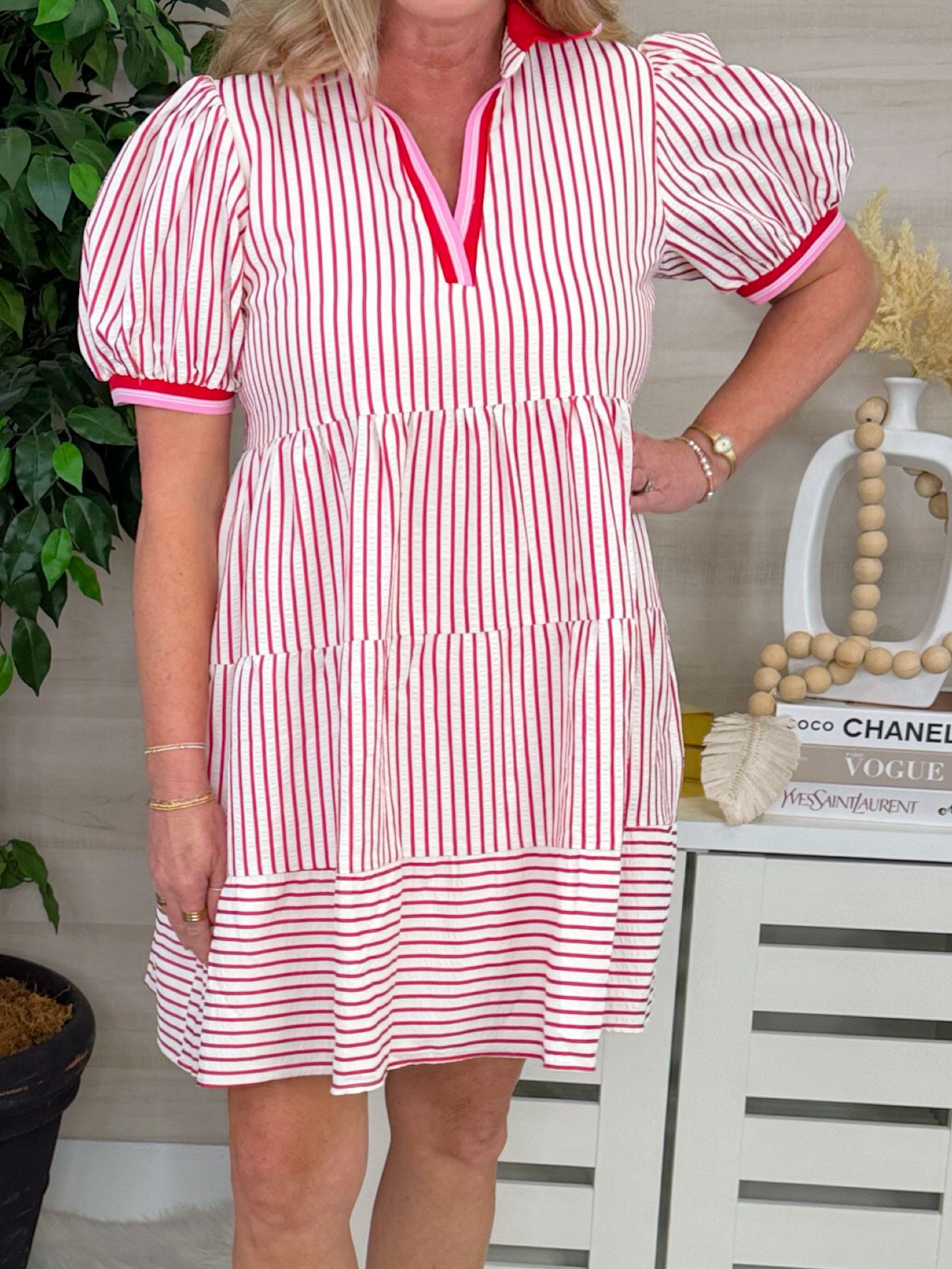 Cherry Picked Stripe Puff Sleeve Mini Dress - Jessi Jayne Boutique